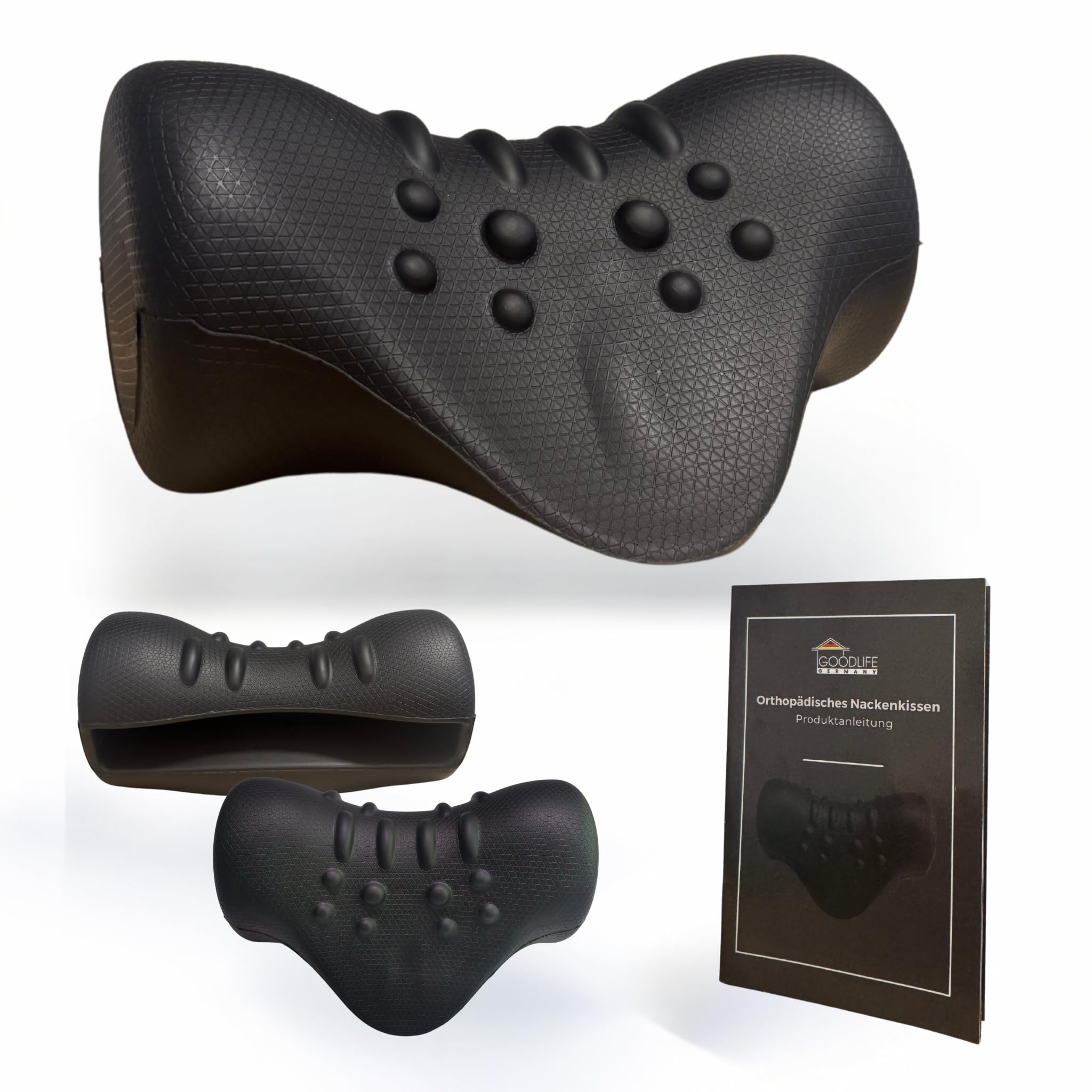 Goodlifegermany Black Orthopaedic Neck Stretcher - Ergonomically Shaped Neck Stretcher - Soothing For Head And Neck Pain, Alignment Of The Cervical Spine - German Instructions - (Black)