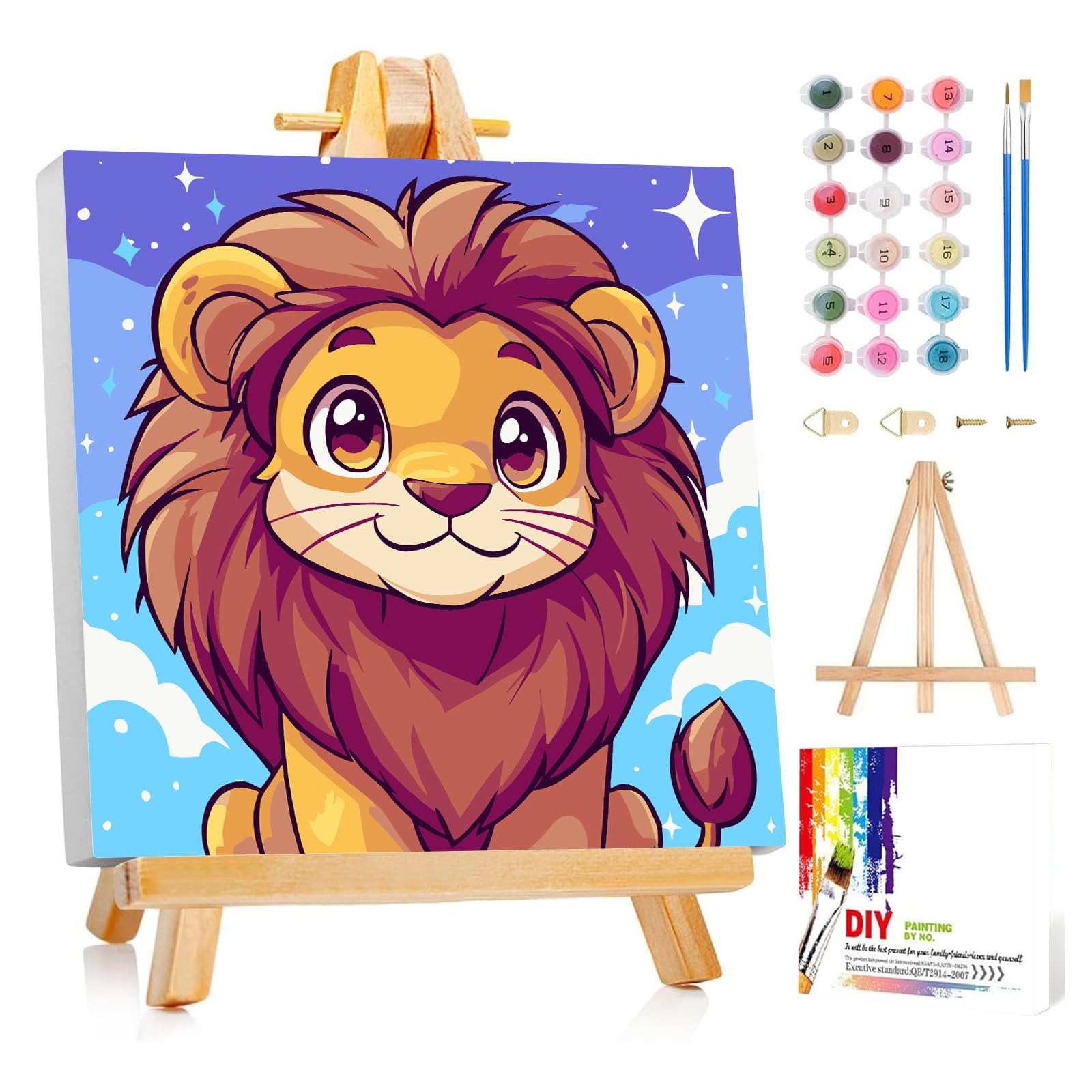 Mafenr Art Lion Paint by Numbers for Kids, Lion Paint by Number with Frame and Easel, Paint by Numbers for Children Age 5-8-12 for Gifts and Decor - 8X8Inch/20x20cm