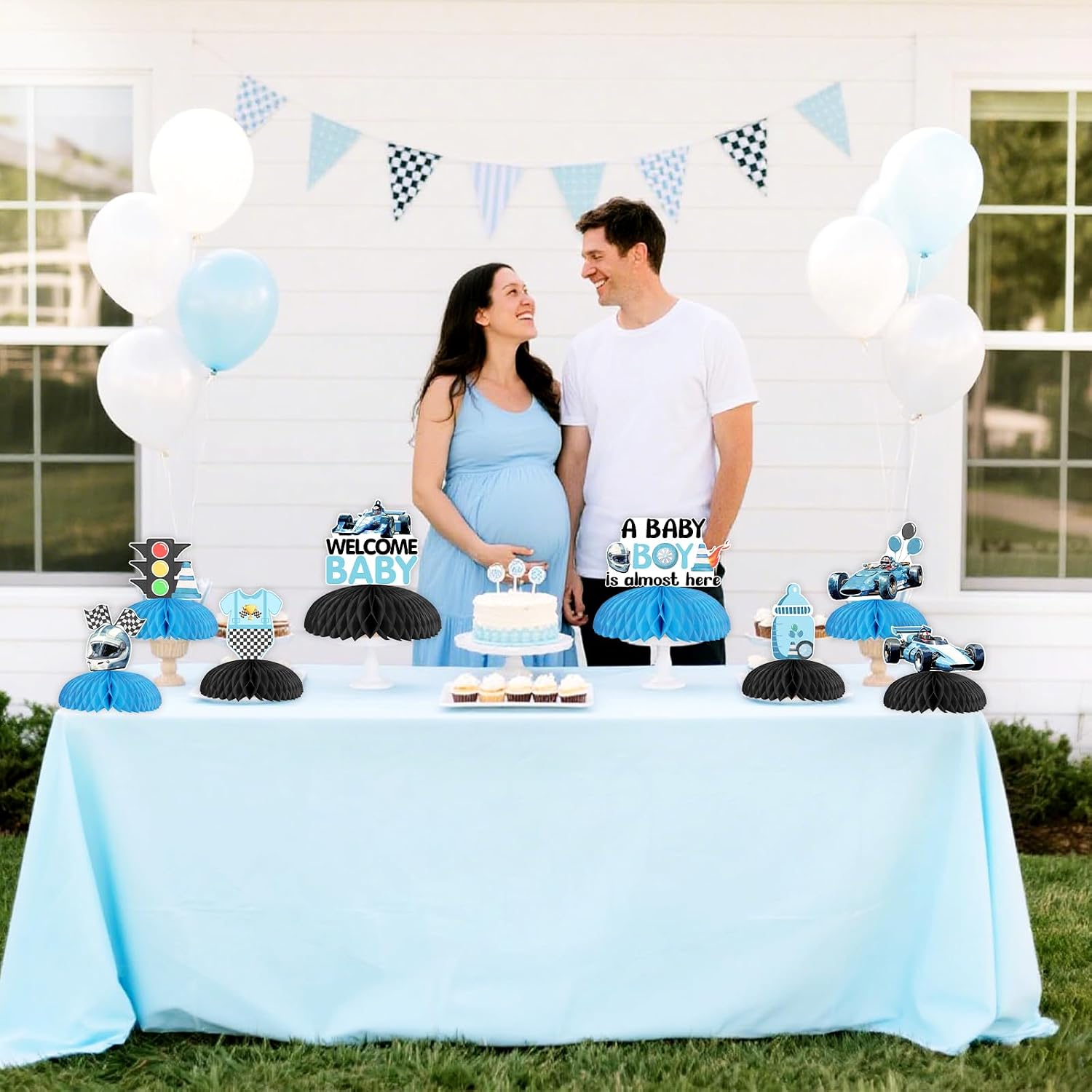 8 Pieces Vintage Blue Race Car Baby Shower Honeycomb Centerpieces - A Baby Boy is Almost Here Table Decorations, Double Sided Racing Car Table Toppers for Pregnancy Celebration Newborn Party