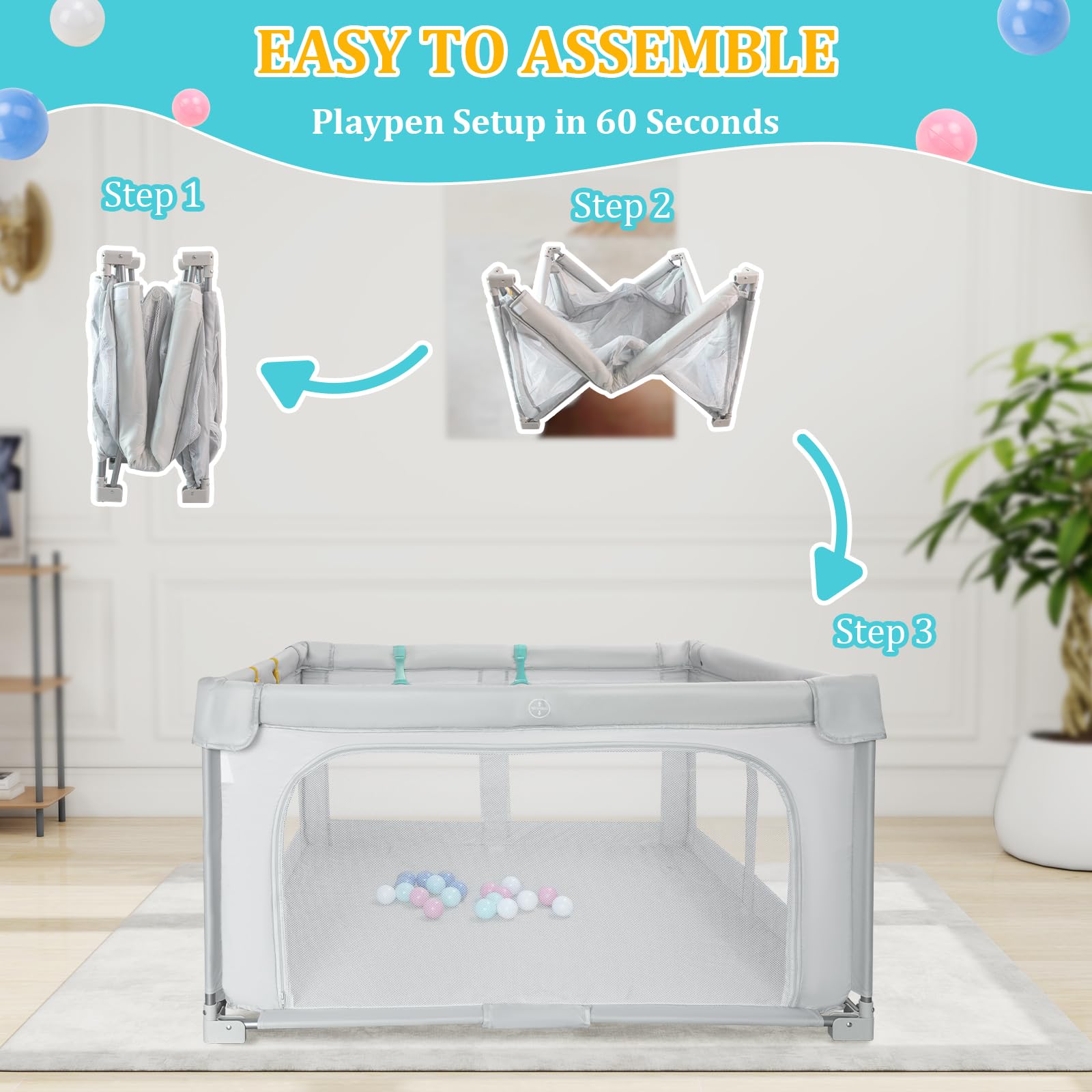 Growithu Recinto per Bambini Pieghevole 127x127cm: Box Bambini per Interni ed Esterni - Box Neonato con Borsa da Viaggio, 20 Palline e 4 Anello di Trazione