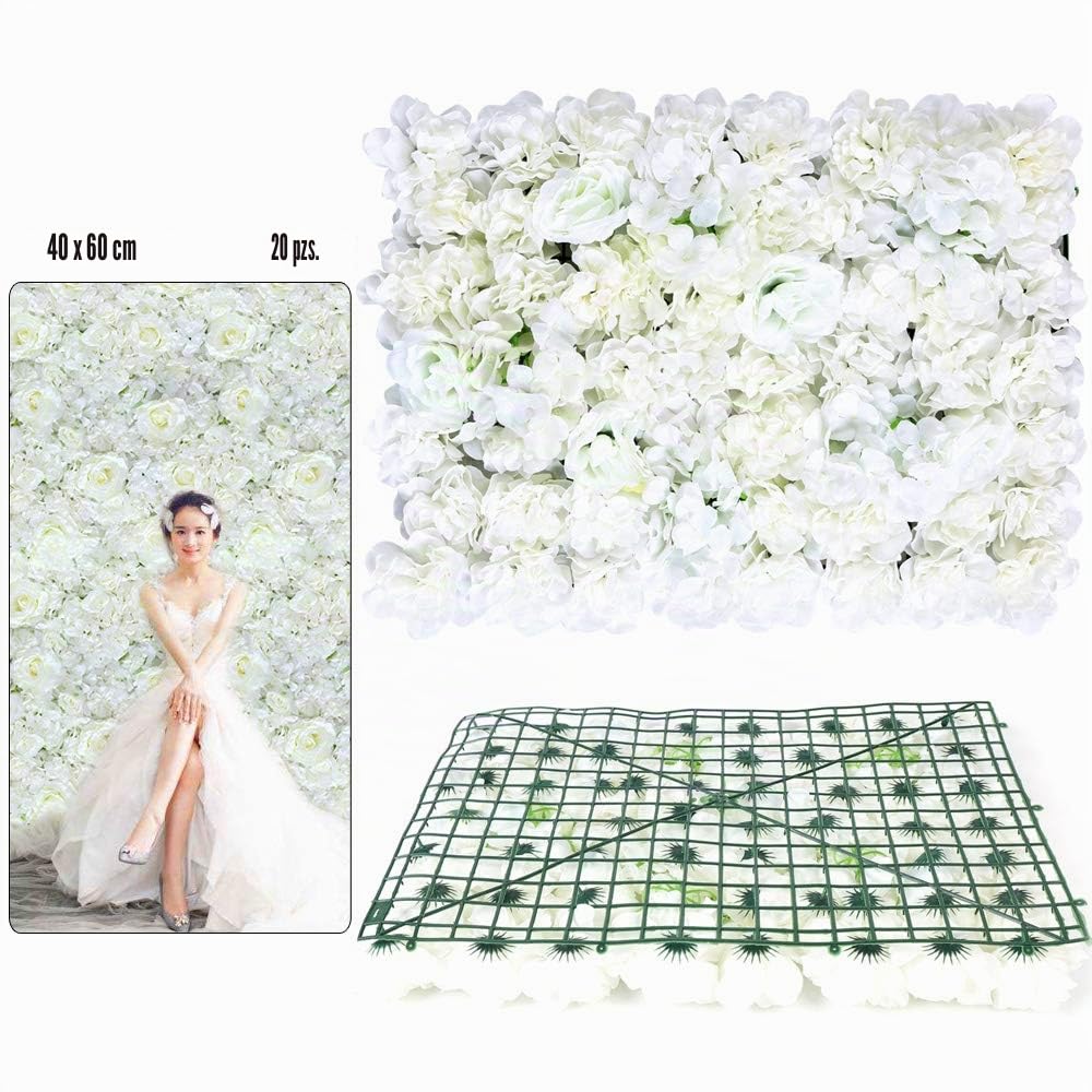 WooDerson 20 paneles de pared de flores artificiales blancas, 60 x 40 cm, para pared, flores artificiales, panel de pared para fiestas, decoración del hogar, bodas, etc