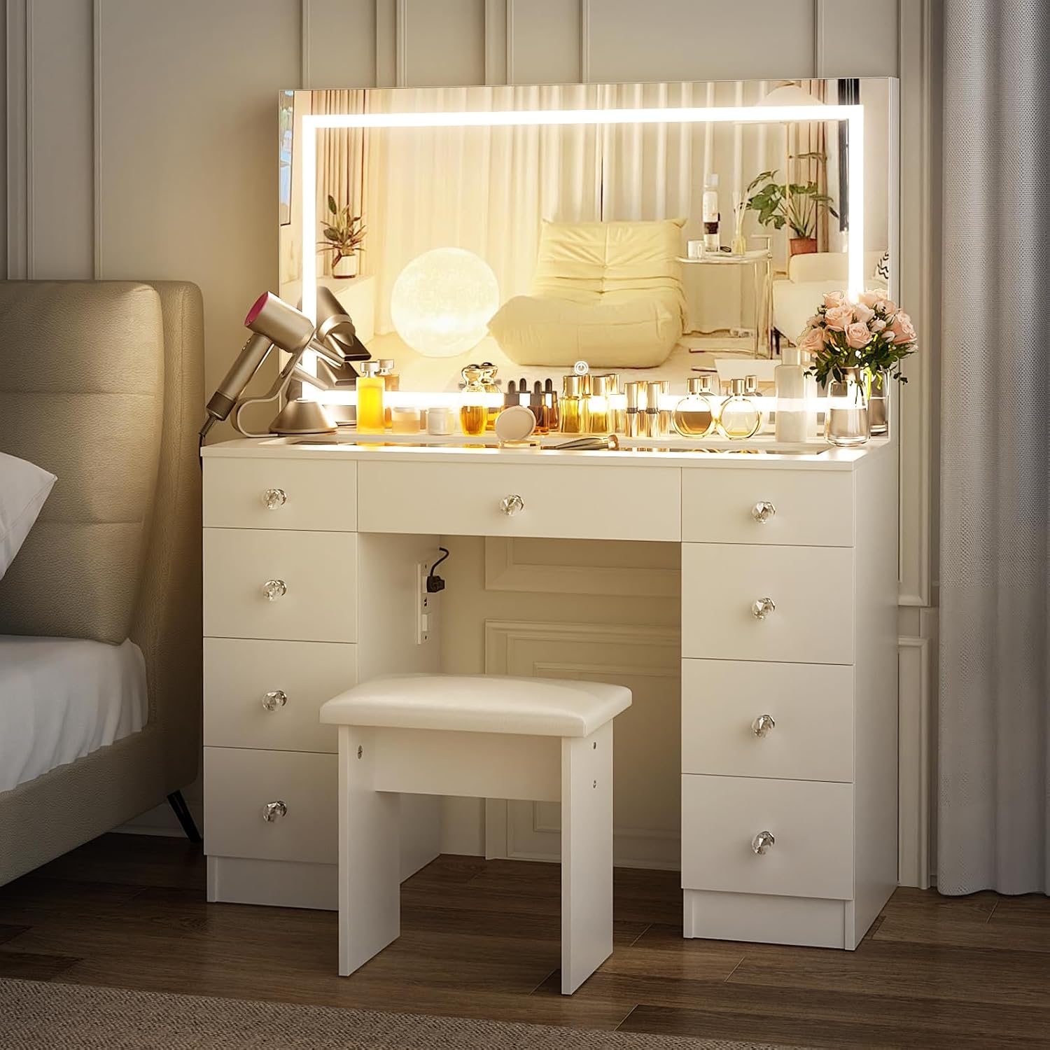 Three color light options for the vanity mirror: Warm White, Natural White, Cool White, with adjustable brightness control.