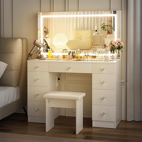Miniatura 4 de VOWNER Tocador con Espejo Iluminado - Escritorio de Maquillaje con Superficie de Vidrio con Toma de Corriente y 9 Cajones, 3 Modos de Iluminación de