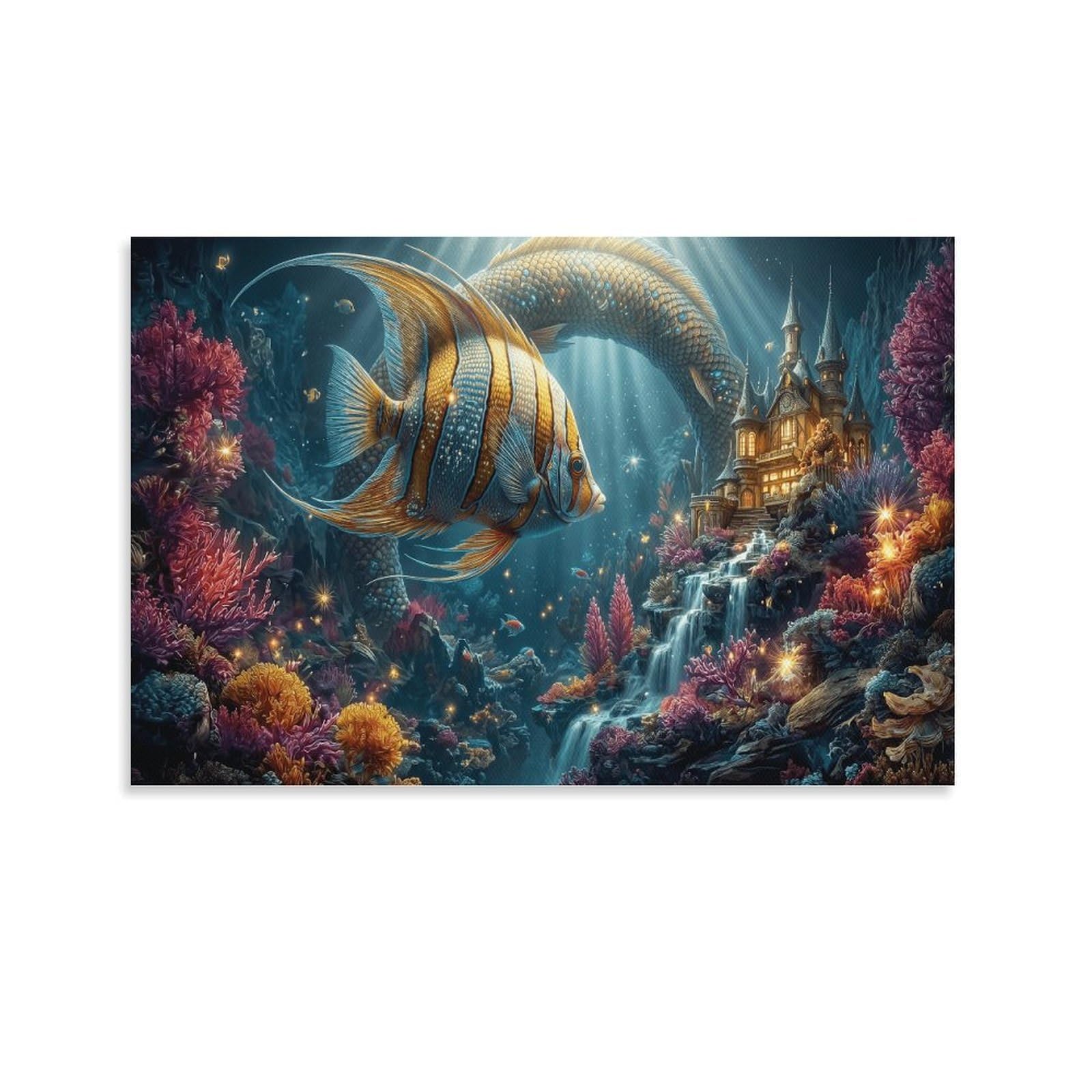 XPASHIQWC Striped Angelfish Wall Decor Poster Underwater Castle Canvas Prints Picture Modern Canvas Wall Art Picture Wall Hanging for Dining Room Kitchen Home Office Decor 24x36inch(60x90cm)