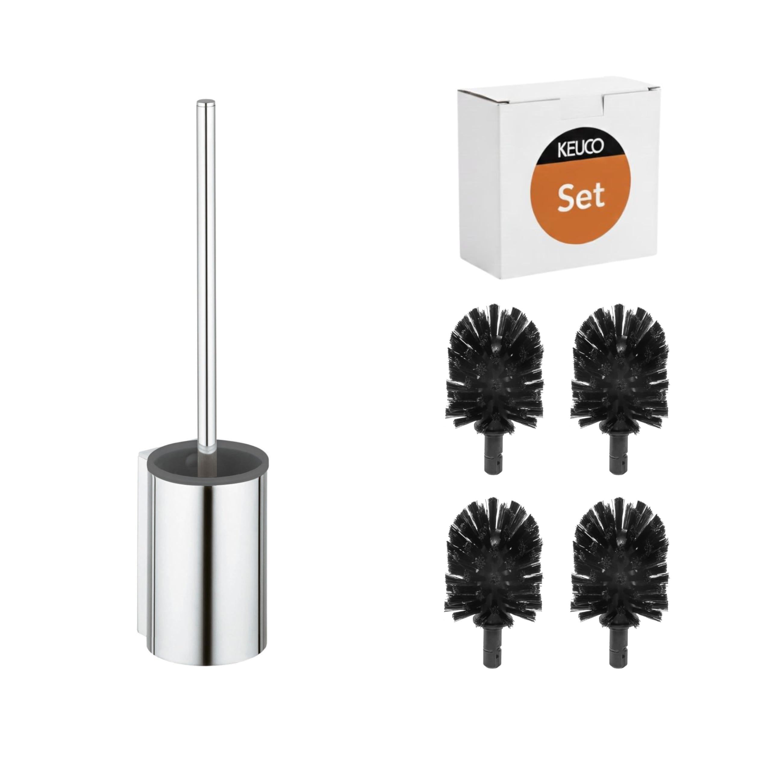KEUCO Plan Set aus WC-Bürstengarnitur & 4 Bürstenköpfen, Metall verchromt | Bürstengarnitur mit Metallgehäuse und Bürste, Ersatzköpfe schwarz, inkl. Schrauben und Dübel, Bürstenhalter mit Klobürste
