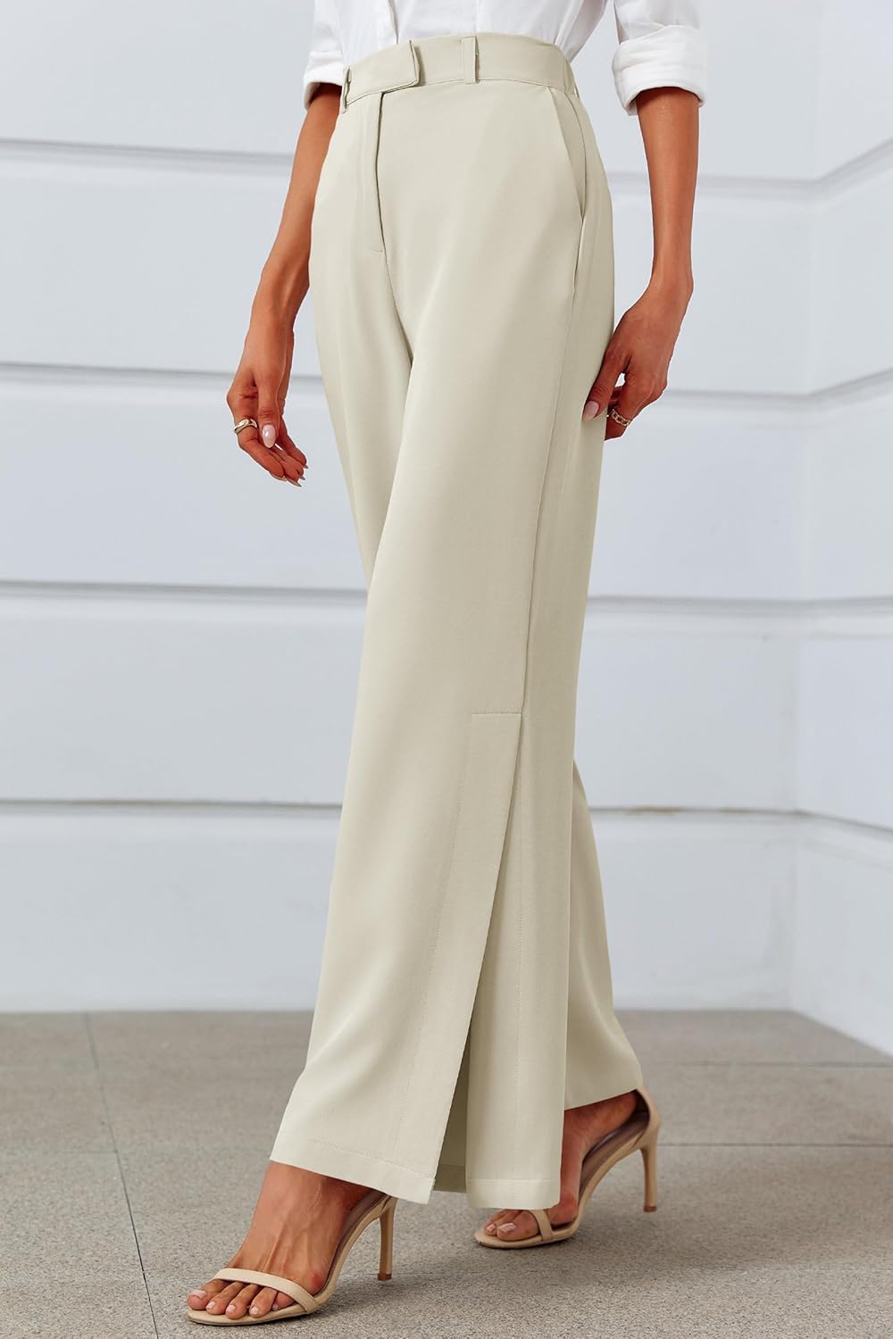 Cicy Bell Womens Dress Pants Side Split Elastic Casual Wide Leg High Waisted Business Trousers with Pockets Beige - Image 4