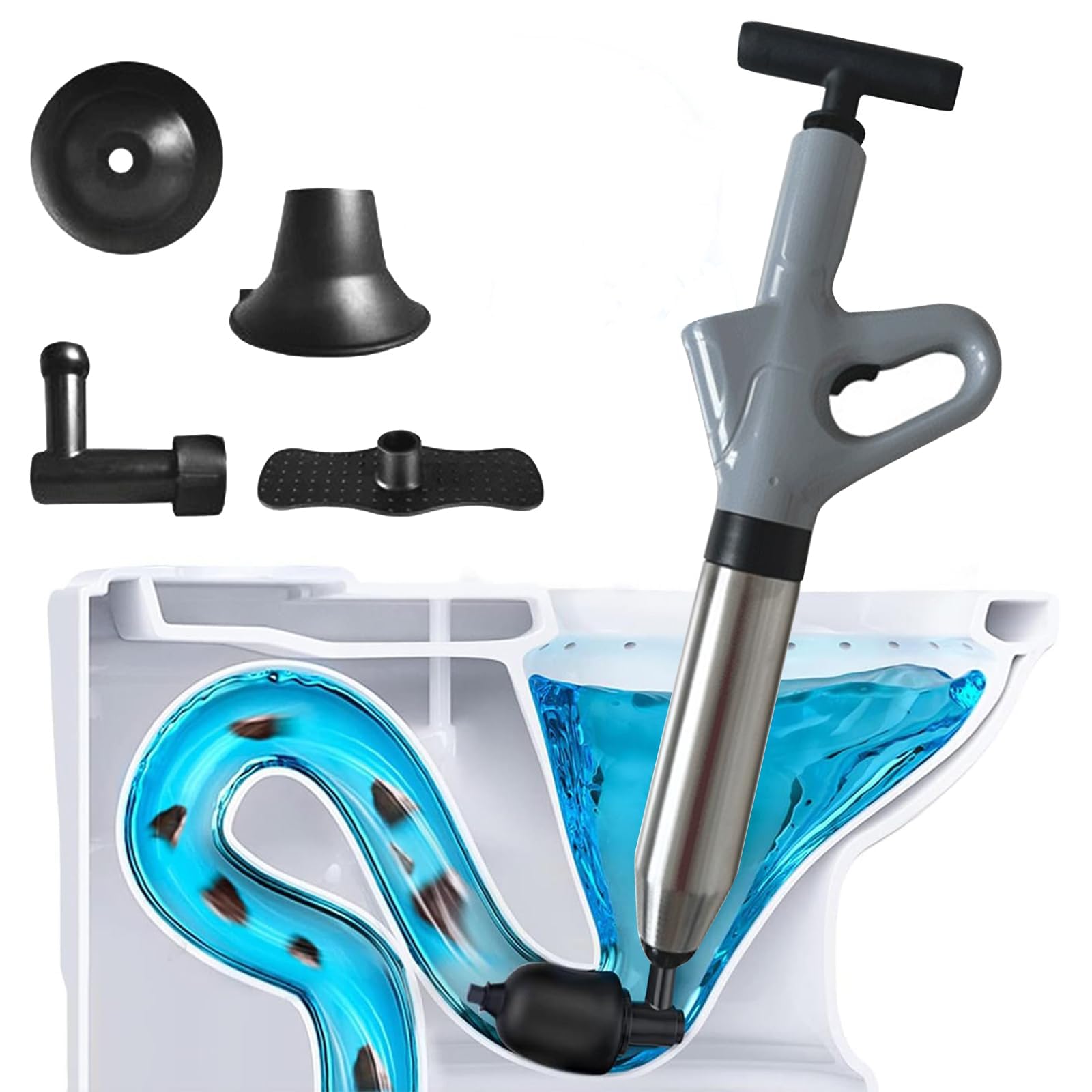 Toompel, kit di scarico dell'aria ad alta pressione con 4 teste sostituibili, pompa di scarico per WC, lavabo, vasca da bagno, scarico a pavimento (grigio)