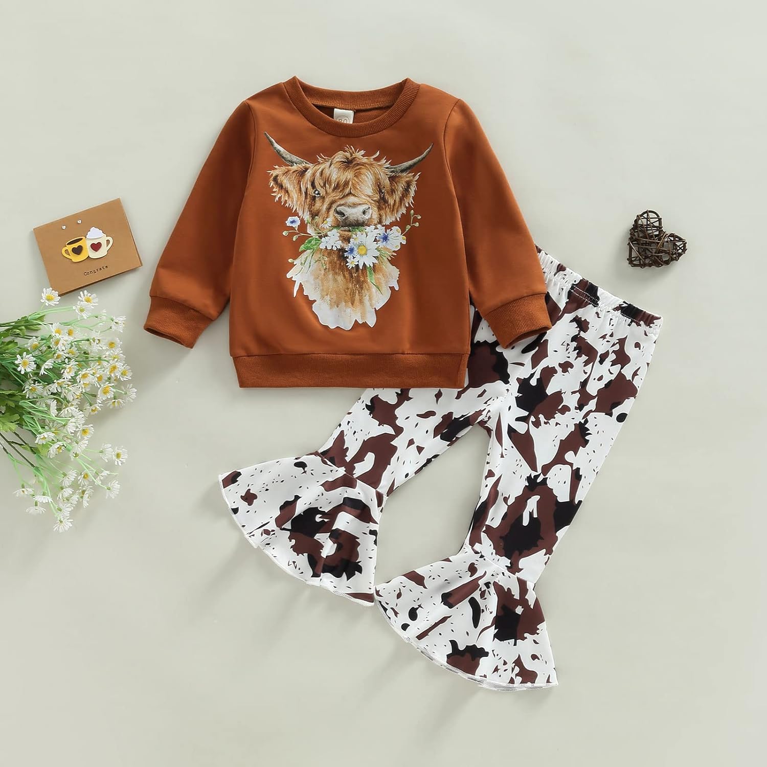 BULINGNA Toddler Baby Girl Western Outfit Highland Cow Long Sleeve Sweatshirt Pullovers Top Flare Pants Cowgirl Clothes Fall - Image 2