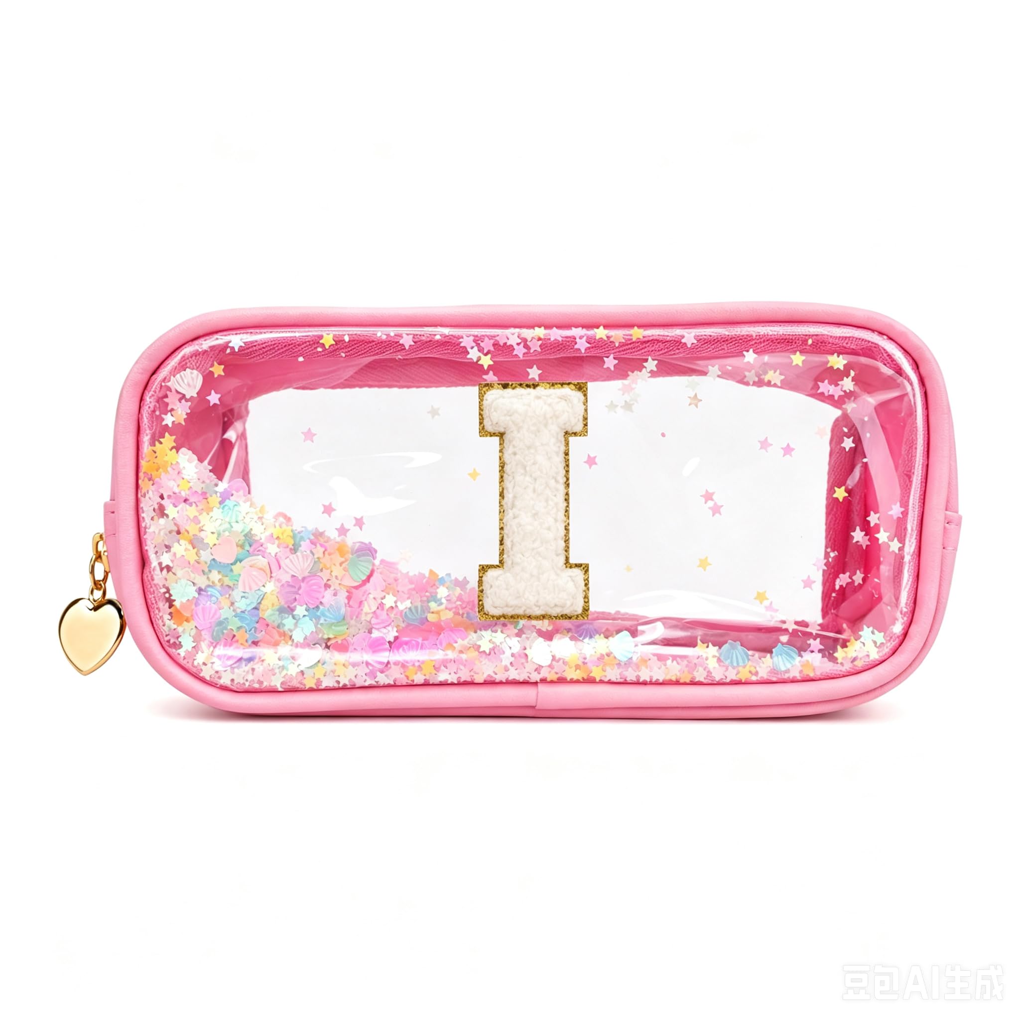 YCDKK The 26 Letters Clear Pink Pencil Case for Girls, Small Cute Transparent Pencil Case with A-Z Initial Design for School & Office, Portable Exam Zipper Pouch for Students, Teens & Women (I)