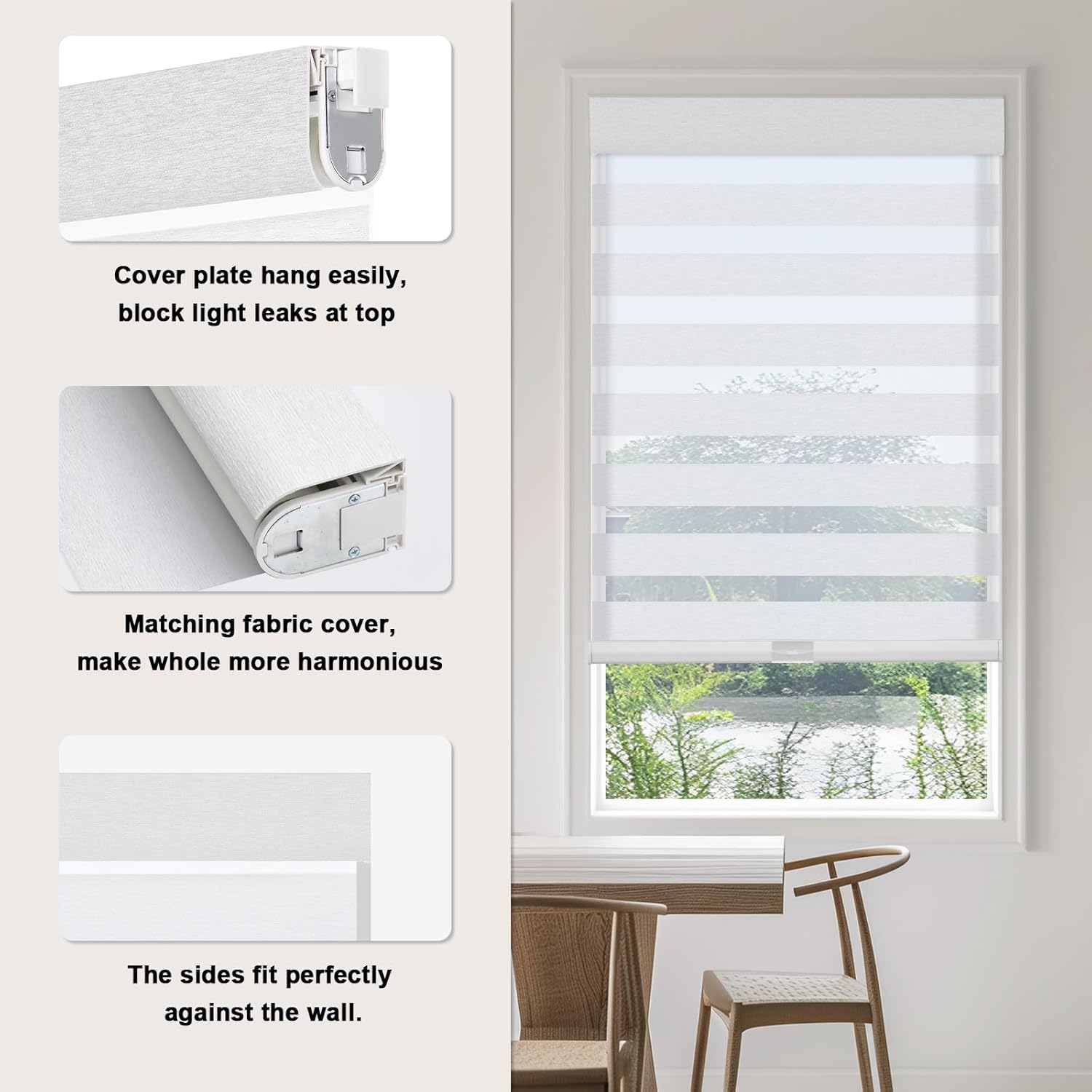 Persilux No Drill Zebra Blinds for Indoor Windows,Zebra Blinds for Windows,Kitchen,Pattern Linen Fabric,Pull Down Shades for Bedroom,Light Filtering Dual Layer for Day and Night,White Custom Size