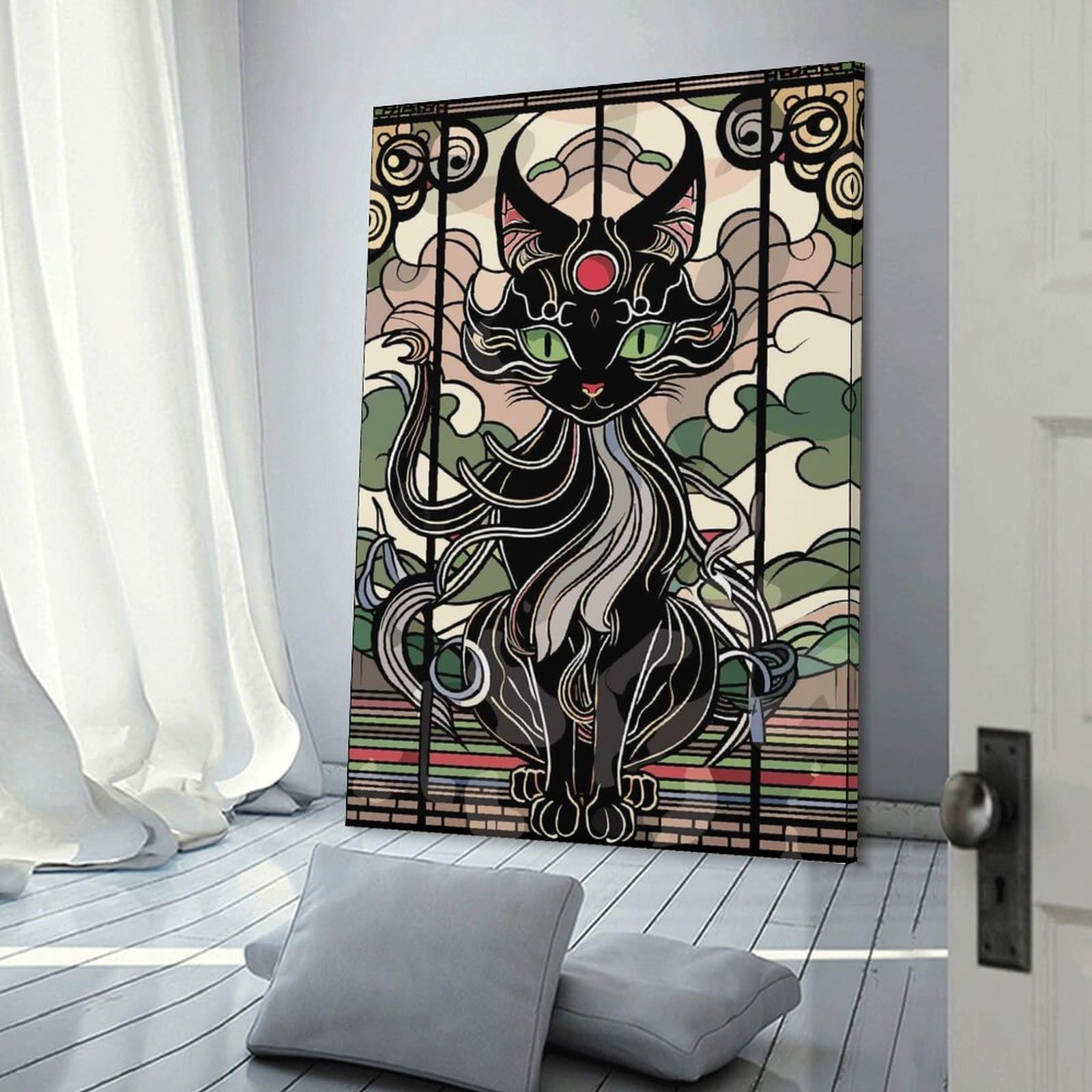 Junmoney Art Nouveau Black Cat Stained Glass Canvas Art Print, 24x36inch(60x90cm), for Wall Displays, Bedrooms Or Room Updates, Home Wall Art for Statement Displays