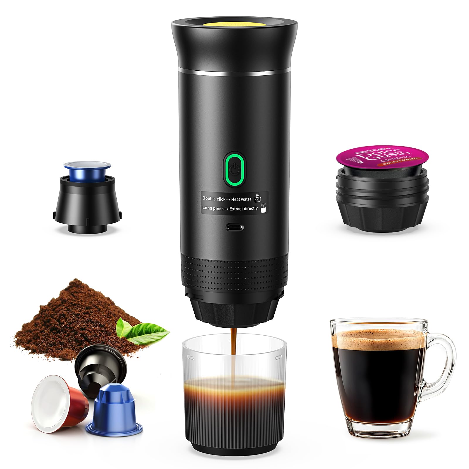 Máquina de café expreso portátil, cafetera de viaje para camping, cafetera autocalentable con USB-C, compatible con café molido y cápsulas NS, cafetera espresso portátil para RV, hogar, senderismo