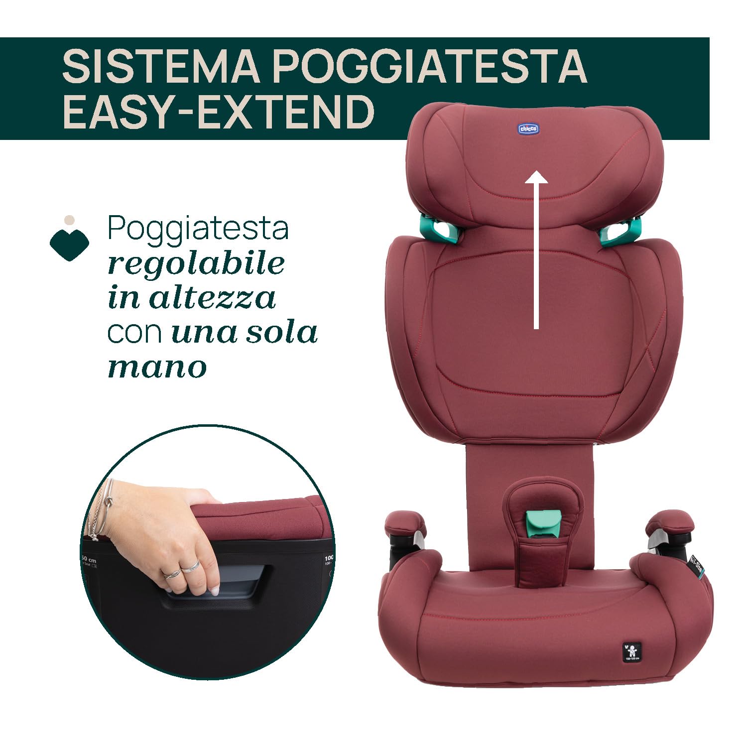 Chicco Quizy Lite i-Size, Seggiolino Auto Bambini 3-12 Anni (100-150 cm), Peso 15-36 kg, Facile da Installare, Reclinabile, Regolabile in Altezza, con Braccioli Imbottiti e Seduta Confortevole, Rosso