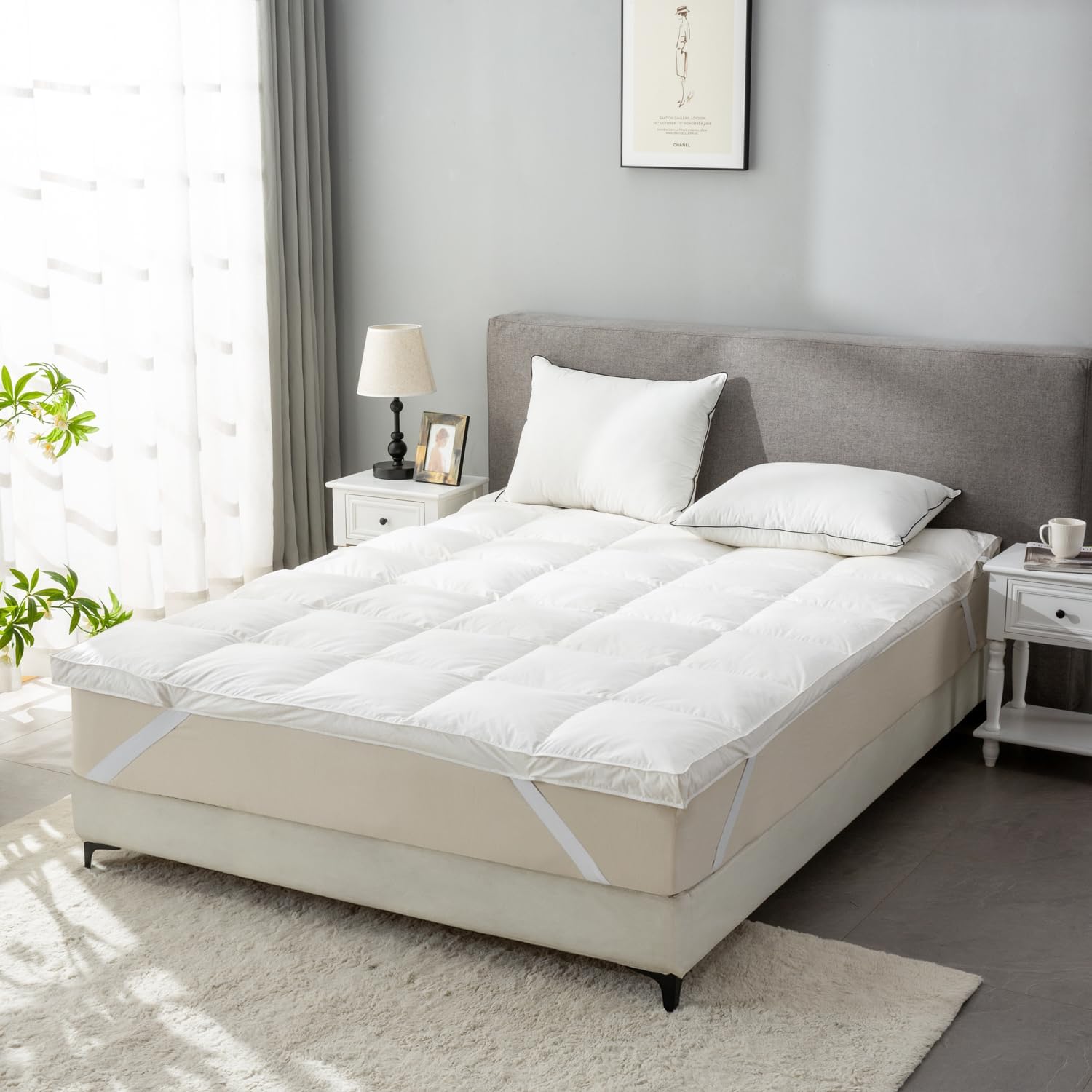 Goose Down Feather Mattress Topper,King Down Mattress Protector Cover with Straps,Plush Soft Fluffy Baffled Pillowtop,Hypoallergenic Featherbed Cooling Pad All-Season Luxury(78x80 Inch) - Image 9