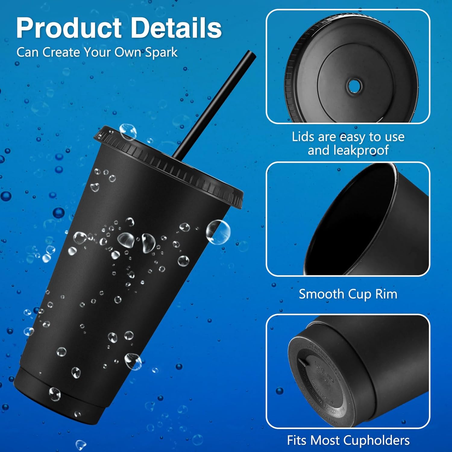 Amyhill 12 Pcs Reusable Cups with Lids and Straws 24 oz Plastic Tumbler Iced Coffee Cup Travel Mug for Smoothie Juices Birthdays Sleepover Party Supplies for Girls (Black) - Image 3