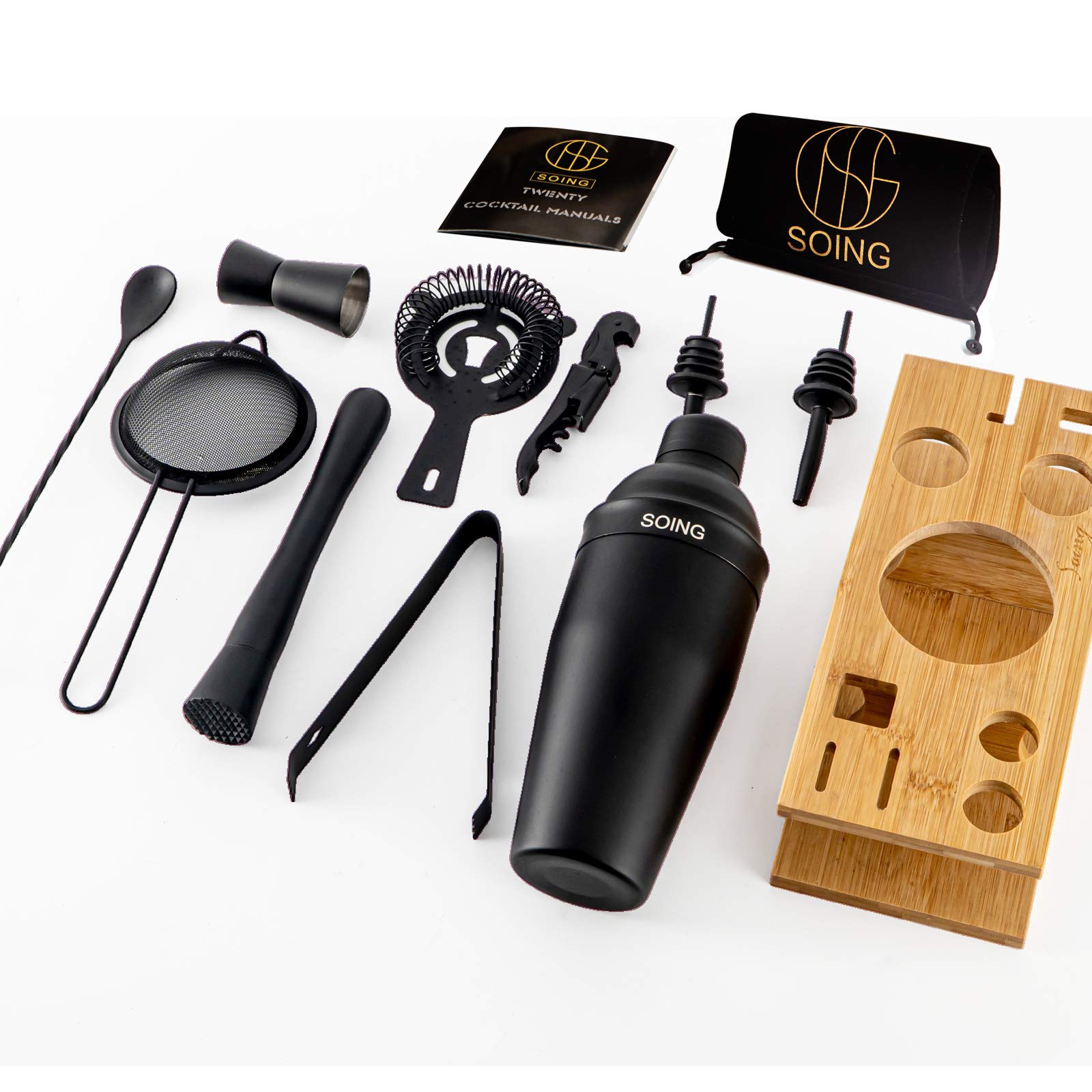 Soing Kit Barista 11 Pezzi In Acciaio Inox Con Supporto Legno E Ricette - Set Shaker Completo (Nero)