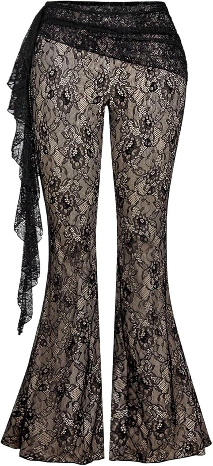 SHENHE Women's Floral Lace Flare Pants Ruffle Trim Low Rise Y2k Bell Bottom Dressy Pants