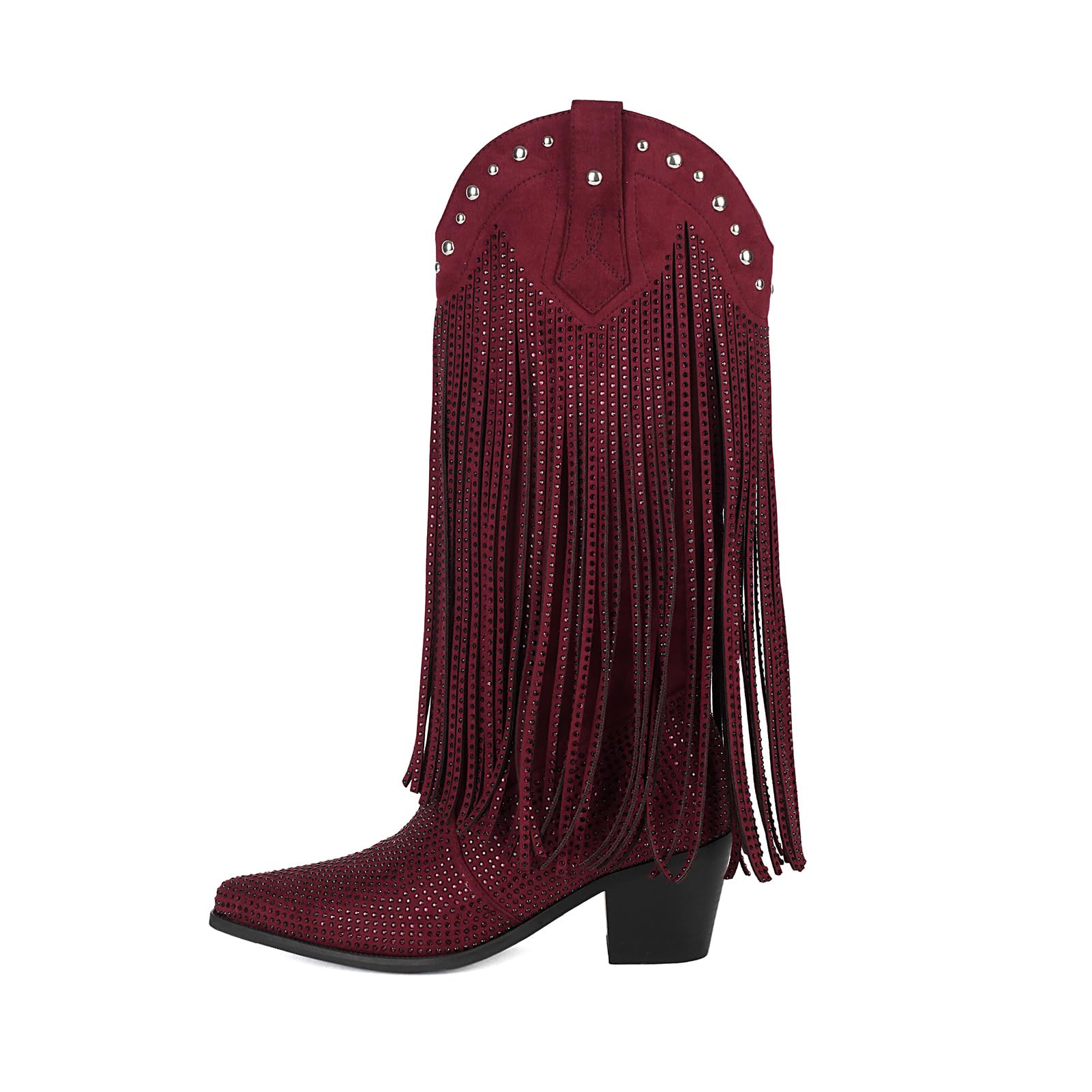AIJIVOU Womens Rhinestone Fringe Cowgirl Boots Sparkly Western Cowboy Boots Pointed Toe Knee Block Chunky Middle Heel Pull