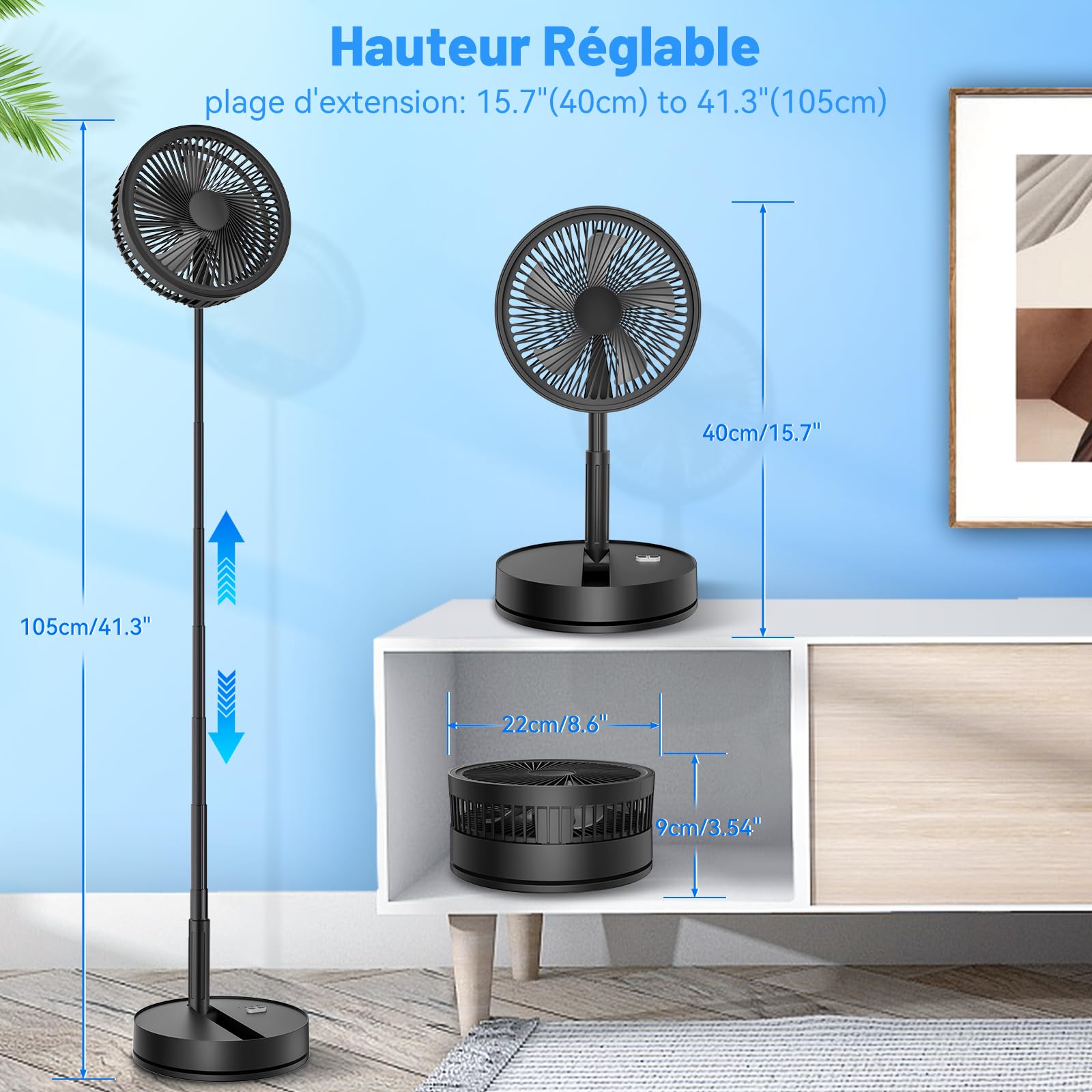Ventilateur sur Pied Portable Silencieux avec Télécommande, 8.6" 8000mAh USB Rechargeable Pliable Fan pour Sol/Table Basse, 4 Vitesses/Timer Oscillant Ventilateurs pour Bureau Chambre Dormir (Noir)