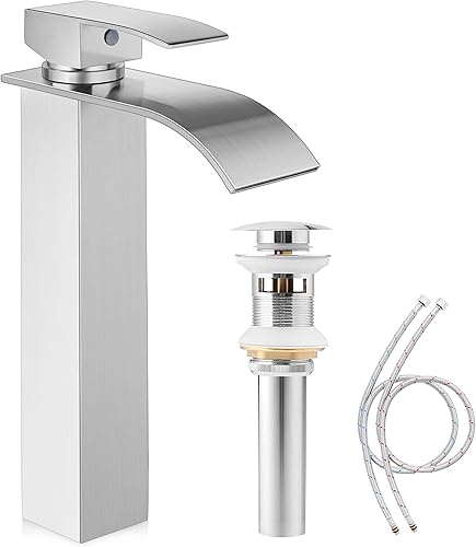 Herogo Grifo de fregadero de níquel cepillado boquilla de cascada grifo de fregadero de baño alto con drenaje desplegable y 2 líneas de suministro