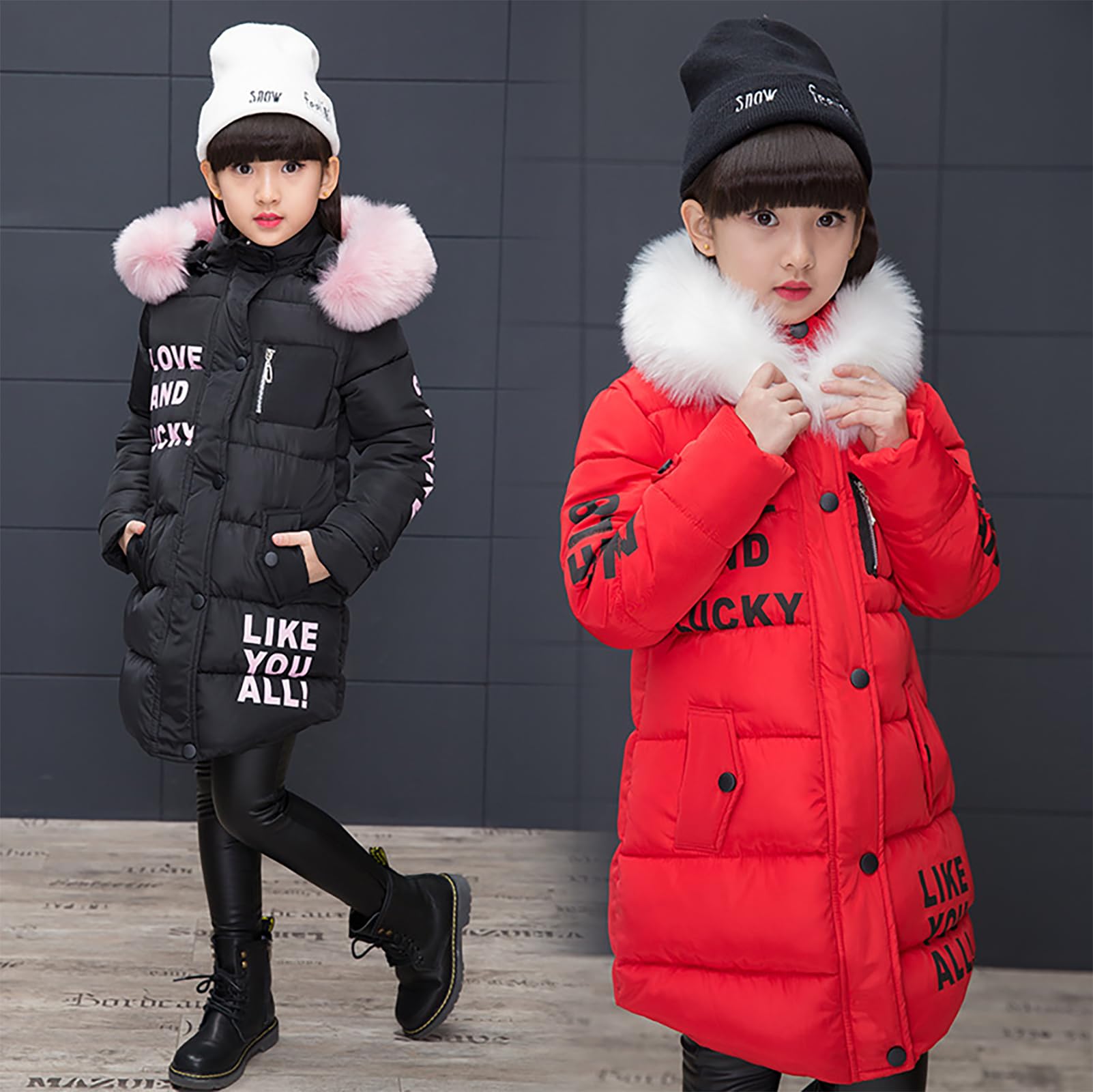 Chaqueta de plumas para niña, diseño de parka con capucha, abrigo largo, chaqueta de piel sintética cálida