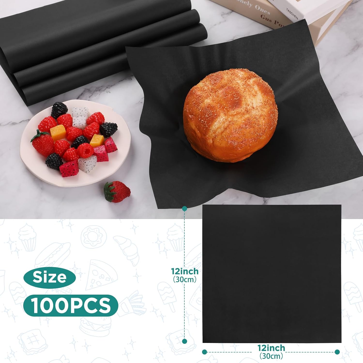 GeeRic Day Parchment Paper for Food Wrapping, 100 Sheets 12 * 12 Inch Food Basket Liners for French Fries, Sandwiches, Burgers, 2026 Deli Wrap Baking Parchment Sheet Black