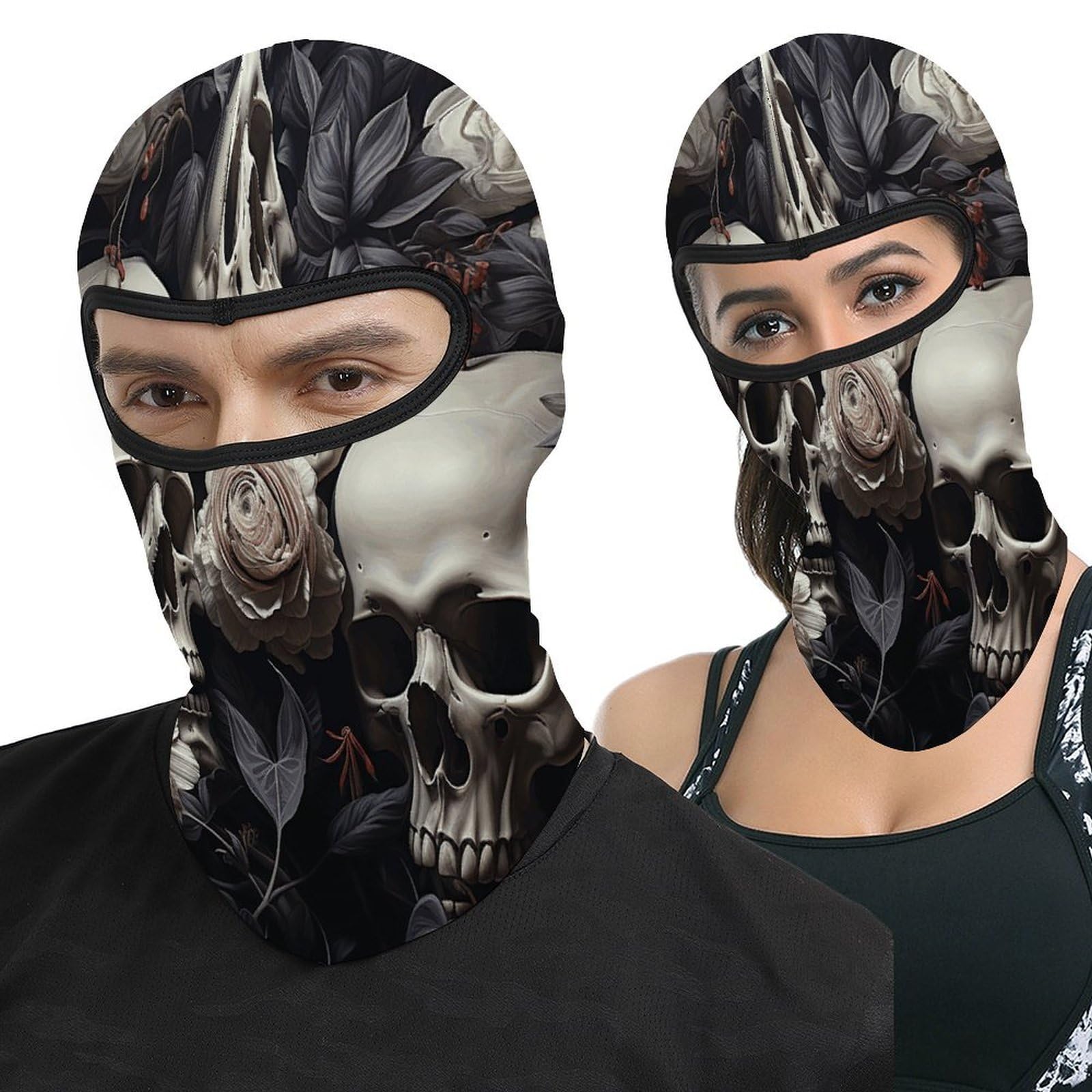 Black and White Flowers and Skull Balaclava Unisex Seamless Neck Gaiter Breathable Face Mask for Cycling, Skiing, Motorcycle