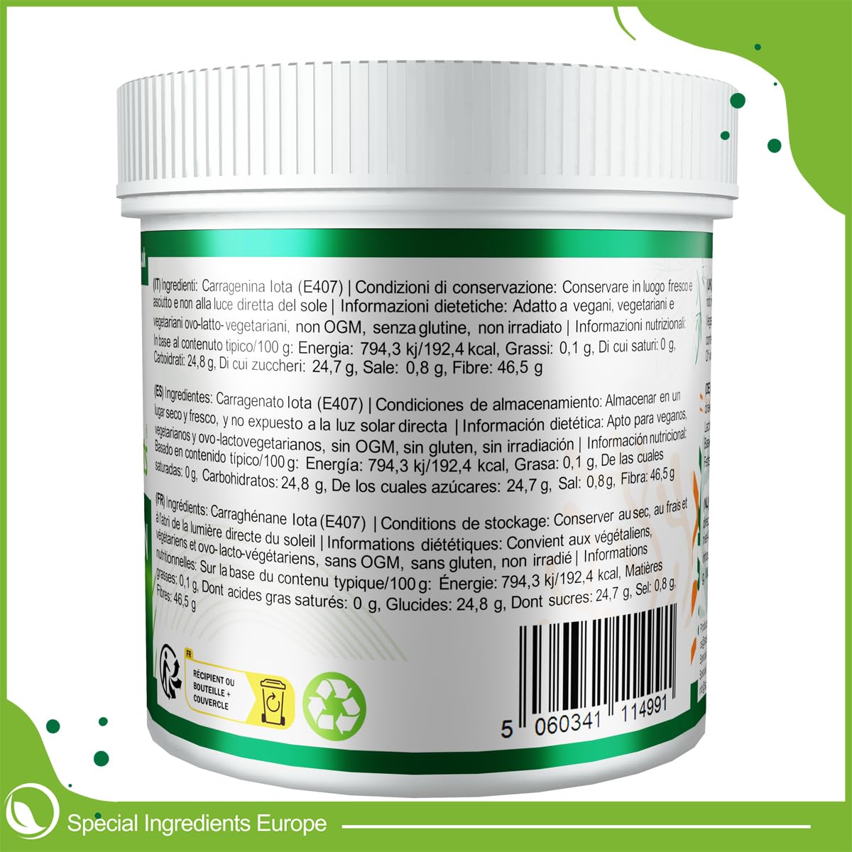 Special ingredients Carraghénane Iota en poudre 250g - Gélifiant pour cuisine moléculaire, gels souples et élastiques, convient aux véganes, sans gluten et sans OGM - Qualité supérieure