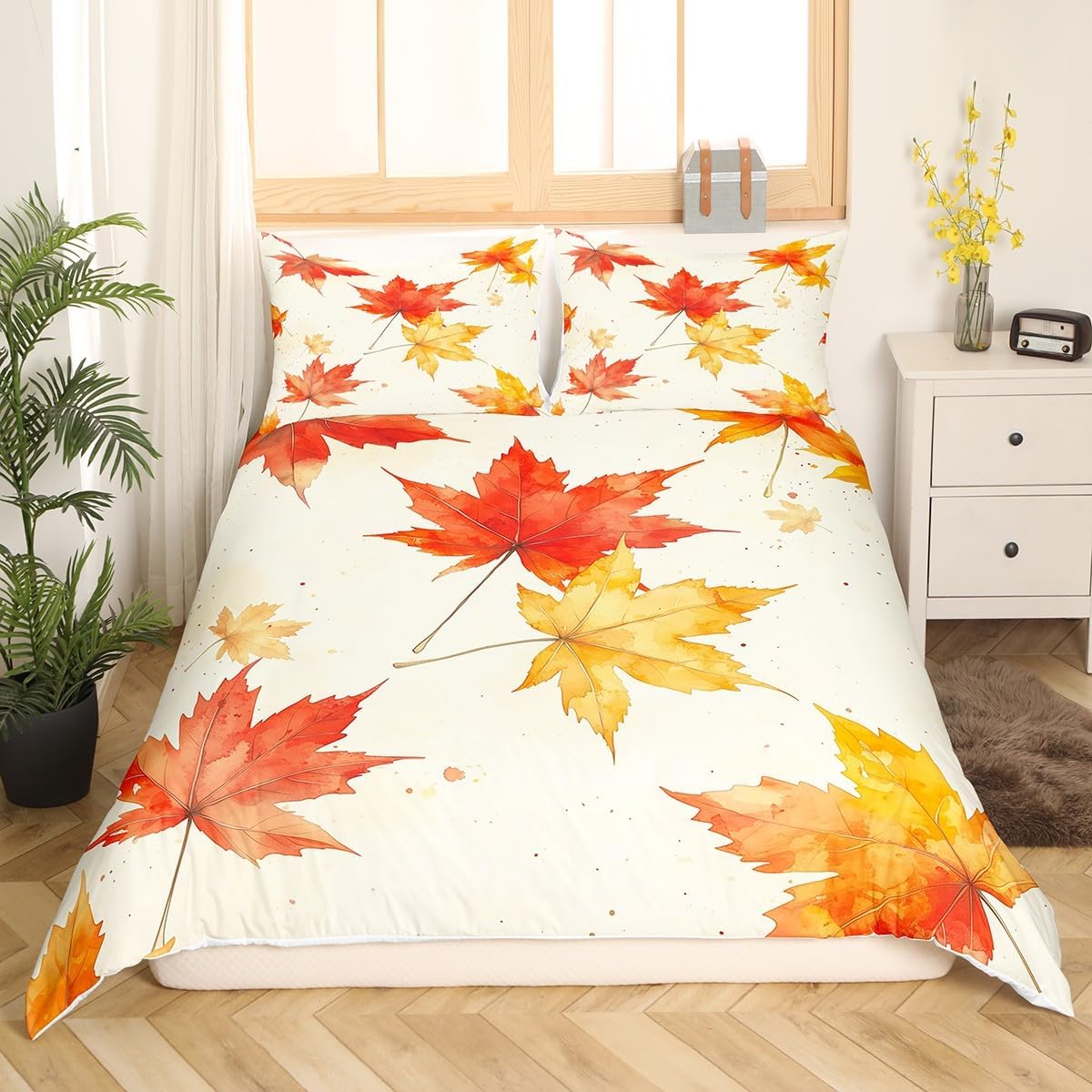 jejeloiu Fall Autumn Bedding Set Maple Leaves Duvet Cover King Size for Kids Boys Girls Teens Fall Leaves Comforter Cover Set Red Yellow Bedspread Cover with 2 Pillow Case