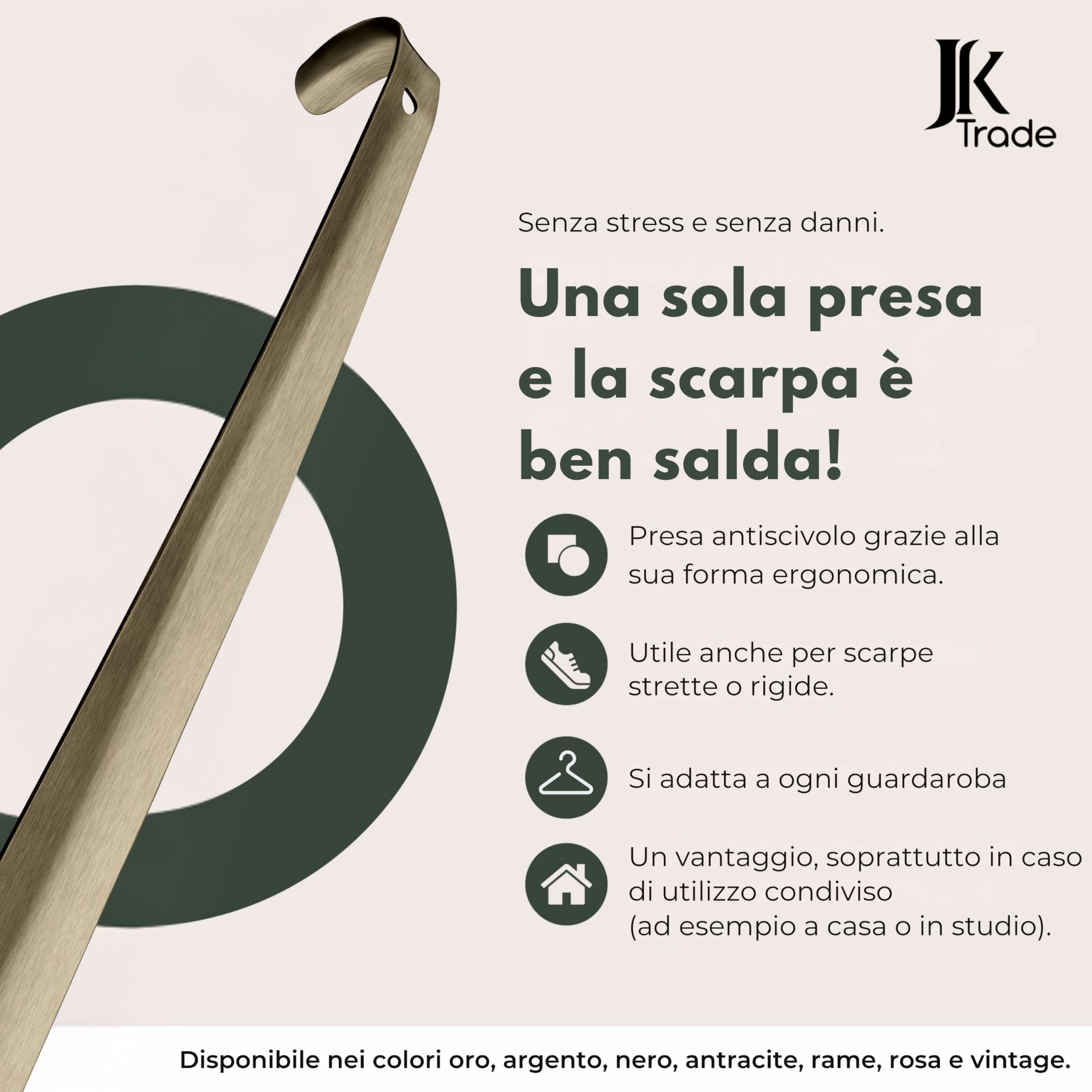 JK Trade® Calzascarpe in acciaio inox stabile da 62 cm, lunghezza 2 mm, in metallo lucido, lungo per stare in piedi, veloce e semplice, lunghezza e larghezza ottimizzate, per lavoro