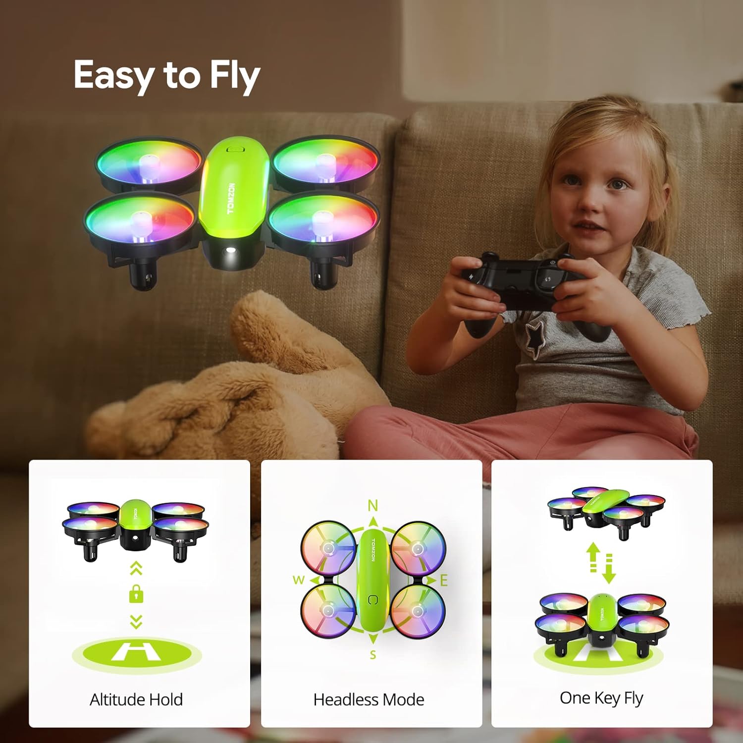 A child operating the TOMZON A23 Mini Drone, highlighting Altitude Hold, Headless Mode, and One Key Fly features.