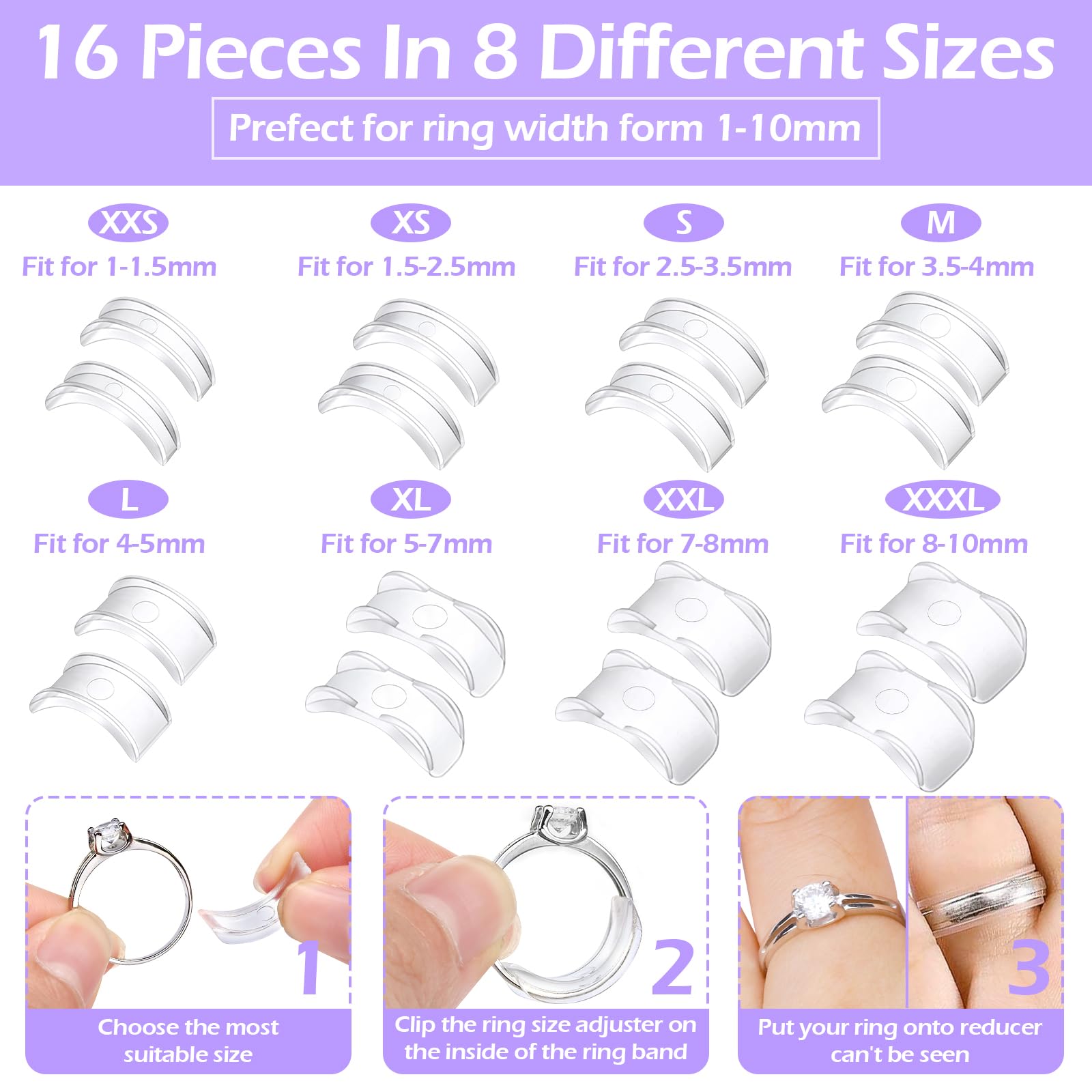 Juego de 114 ajustadores de tamaño de anillo para anillos sueltos con herramienta de medición de tamaño de anillo, protectores de anillo invisibles de silicona, juego de ajustadores de tamaño de