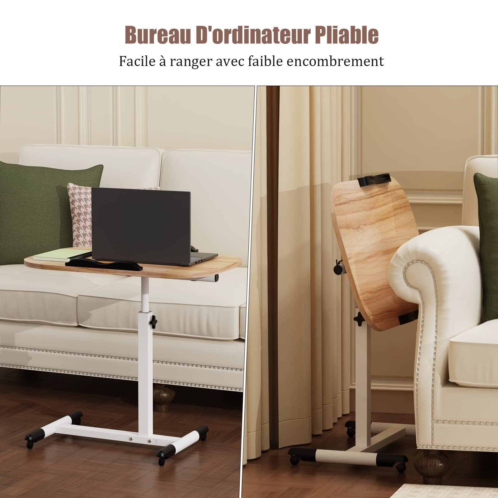 Table de Lit Roulette, 60 x 40 cm, Tablette Médicale Réglable Table d'Appoint de Lit à roulettes, Hauteur Réglable 61-95CM, Bureau Pliable, 360° Bureau D'ordinateur Levage Rotatif