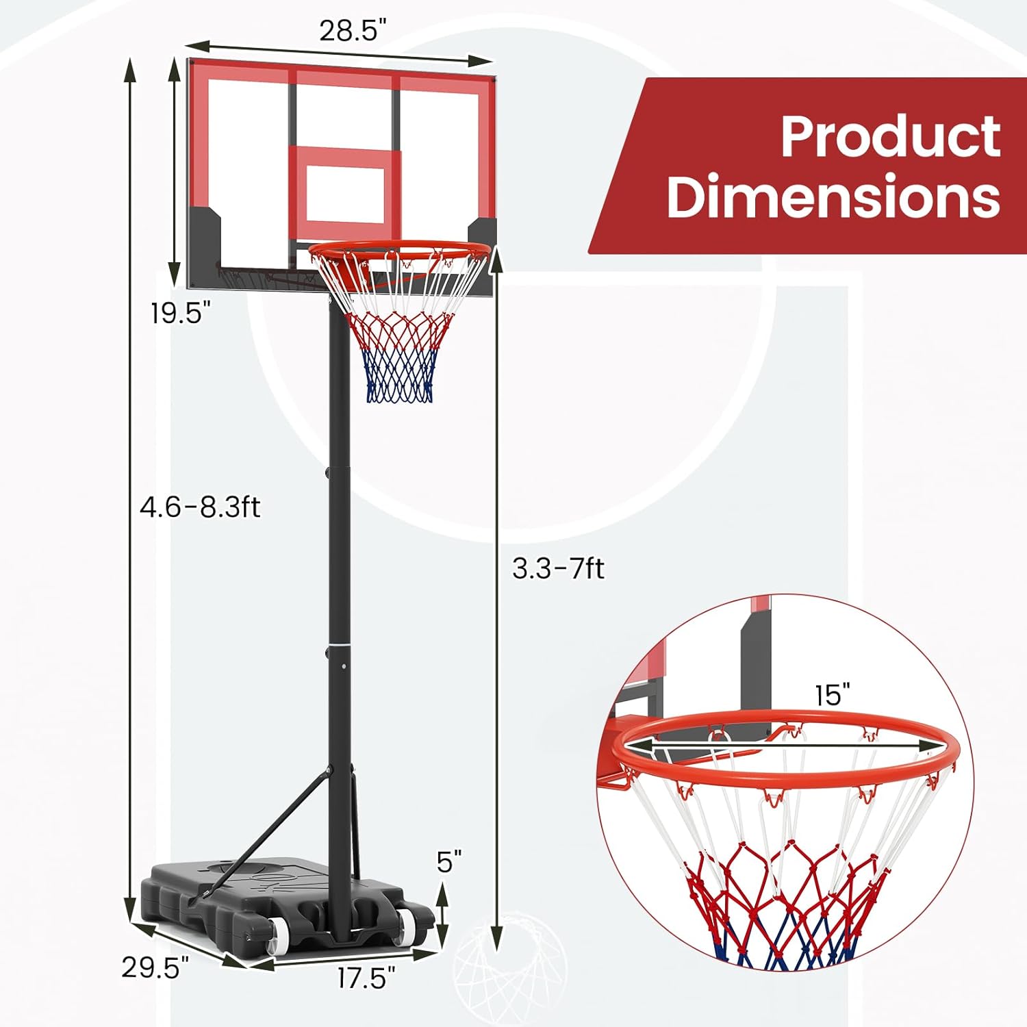 OLAKIDS Basketball Hoop Outdoor, Portable 3.3-7 FT Height Adjustable Goal System with Wheels Shatterproof Backboard, Fillable Base for Kids Youth Teens Adults Driveway Backyard Pool Indoor