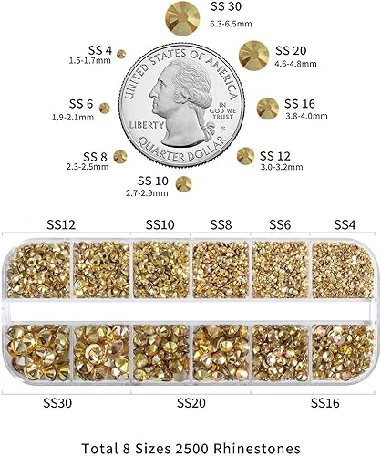 Miniatura 3 de Beadsland Diamantes de imitación para maquillaje, 8 tamaños, 2500 unidades de diamantes de imitación dorados con parte trasera plana, gemas faciales