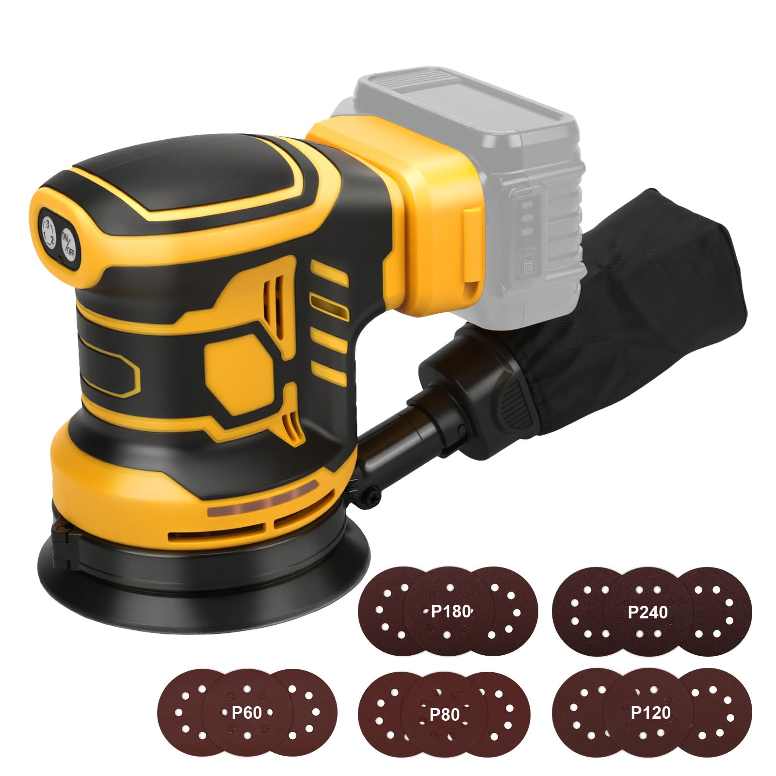 Lijadora orbital para Dewalt 18 V, 20 V batería, 125 mm, 3 velocidades, orbital Sander 7000-11000 rpm, entregado con 15 discos abrasivos, ideal para el trabajo de madera profesional