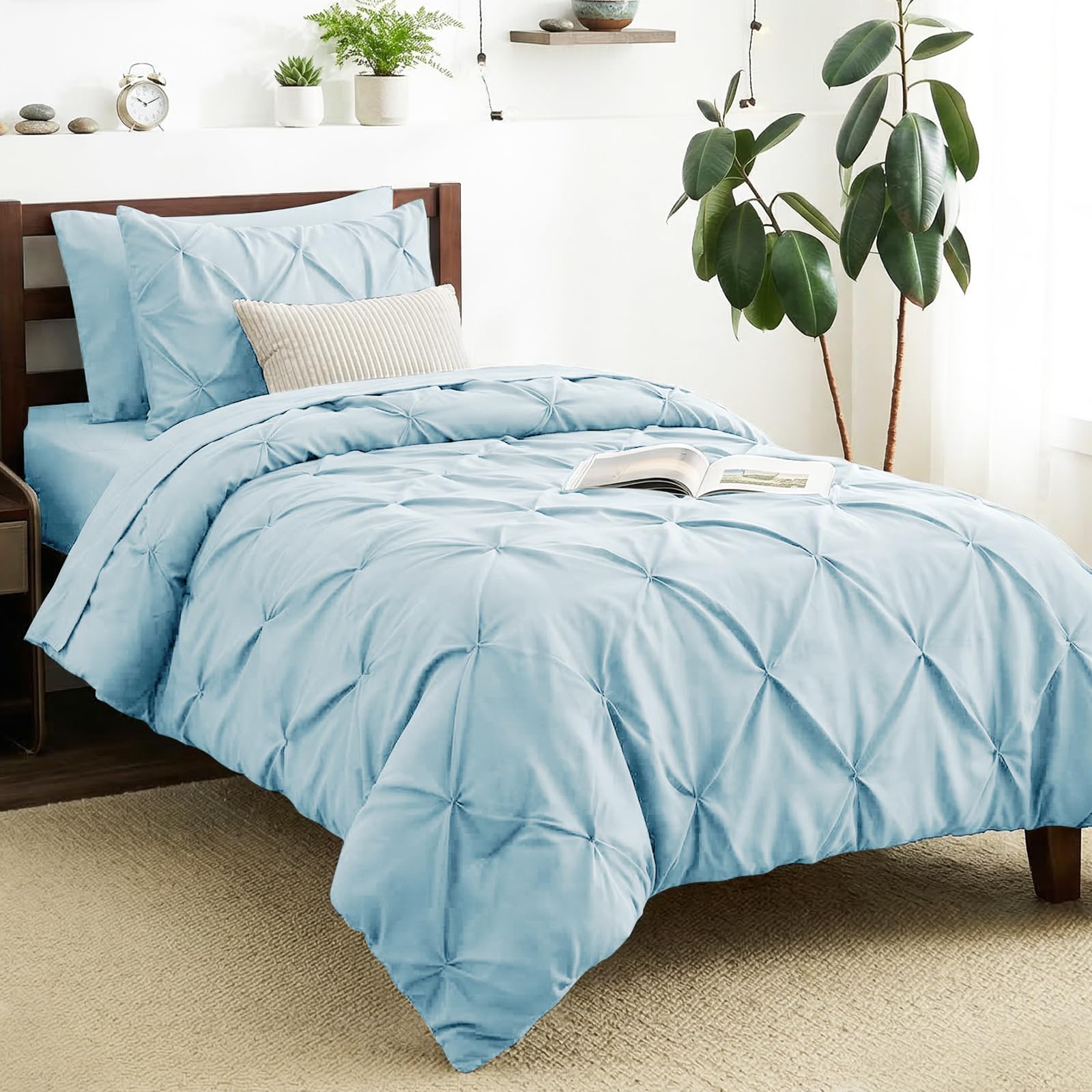 CozyLux Twin XL Comforter Set Light Blue, 5 Pieces Twin Extra Long Pintuck Bed in A Bag for College Dorm, Pinch Pleat Bedding Set with Comforter,