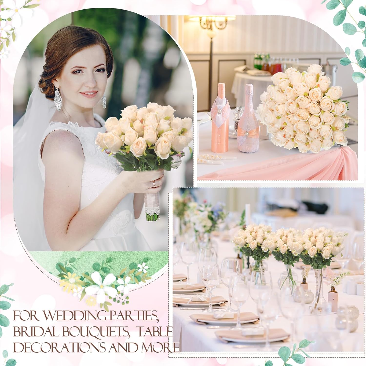 Hotop 80 Pcs Rose Artificial Flowers Bulk with Long Stem, Silk Roses Realistic Fake Flowers Bouquet for Wedding Table Centerpieces Bridal Shower Party Home Decorations(Beige) - Image 6