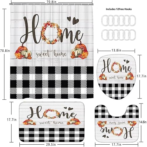 Miniatura 4 de FZDHHY Juego de 4 cortinas de baño de otoño, juego de cortina de ducha de calabaza, juego de decoración de baño de Acción de Gracias, cortinas de