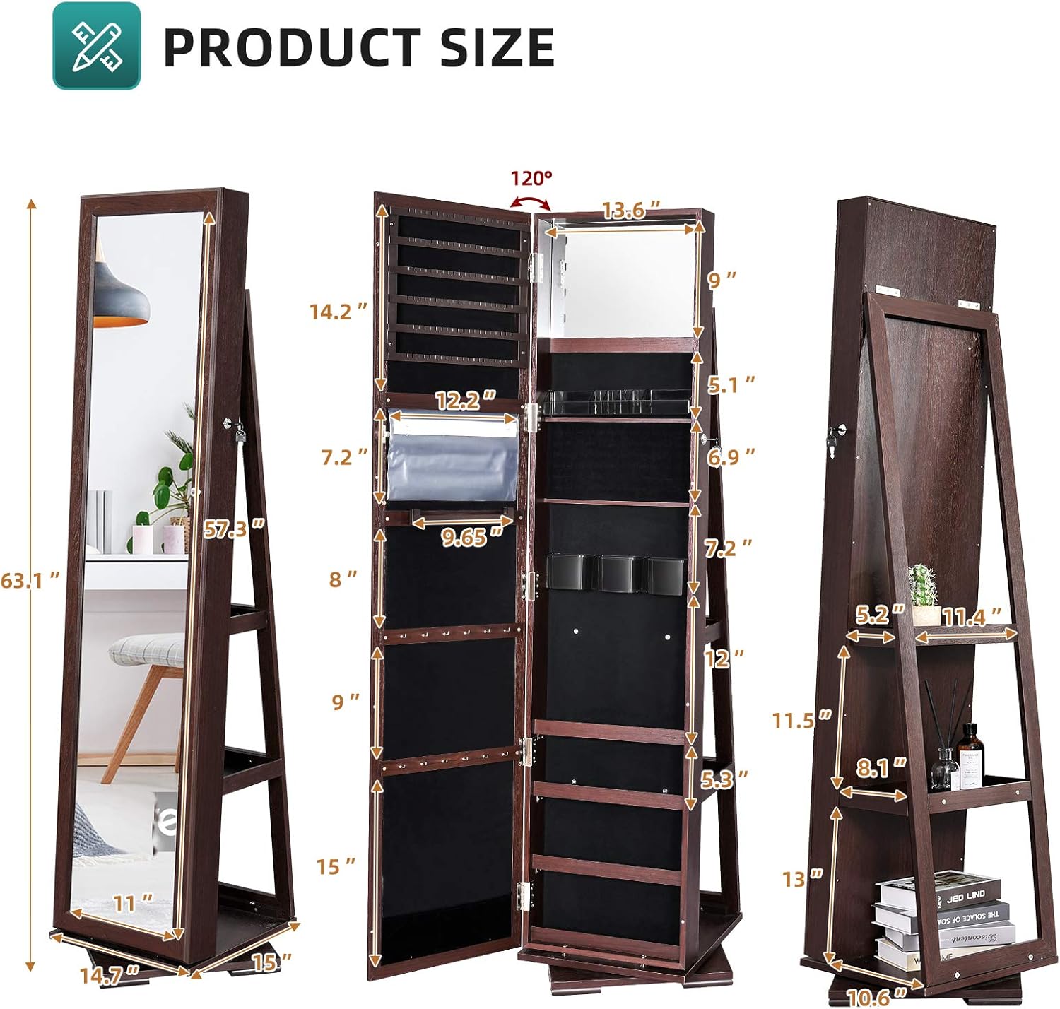 YITAHOME 360° Rotating Jewelry Cabinet Armoire 3-in-1 Jewelry Organizer Free Standing with Higher Full Length Mirror,Inside Makeup Mirror,Rear Storage Shelves, Walnut : Clothing, Shoes & Jewelry