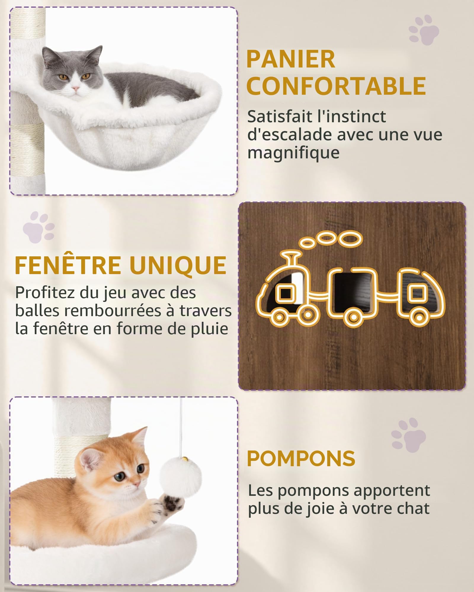 Hzuaneri Arbre à Chat avec Meuble Litiere Chat, 150cm Haut, Marron et Blanc | Coussin Lavable, Deux Grandes Plateformes, Poteau Sisal, Panier pour Chat, Maison pour Chat, Balles Peluche, CB89214WT