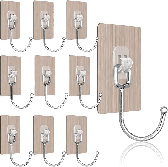 10Pcs Adhesive Wall Hooks Heavy Duty with Stainless Stick On Hooks 15KG (Max) Self-Adhesive Hooks Utility Strong Ceiling Hooks for Bathroom Kitchen Office