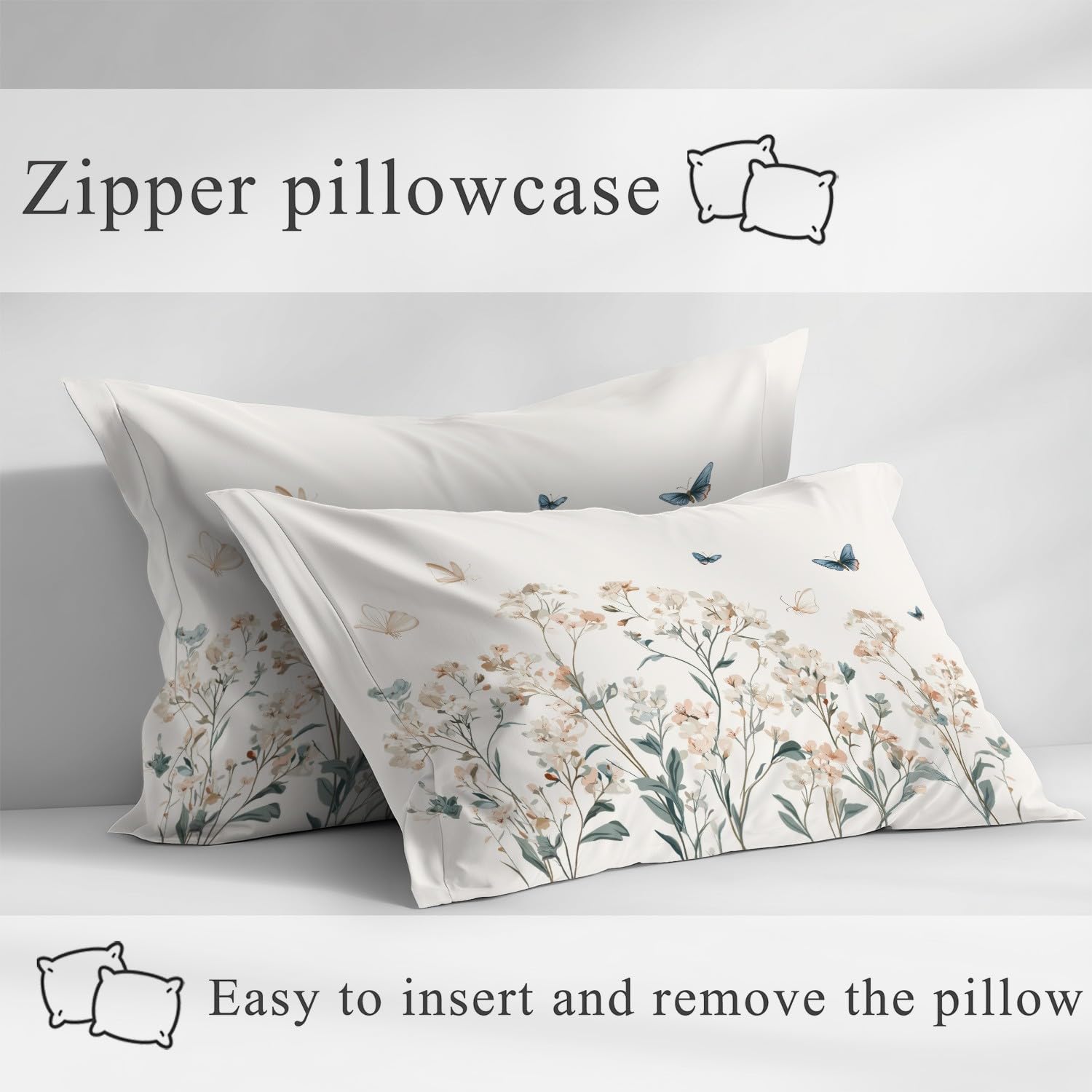 Minimalistisch Blumen Spannbetttuch 140 x 200 x 30 cm 3teilig 2 Kissenbezüge 80 x 80 cm Elegant Blumenmuster Schmetterling Spannbettlaken Set für Kinder Jugendliche Erwachsene Mikrofaser Bettwäsche