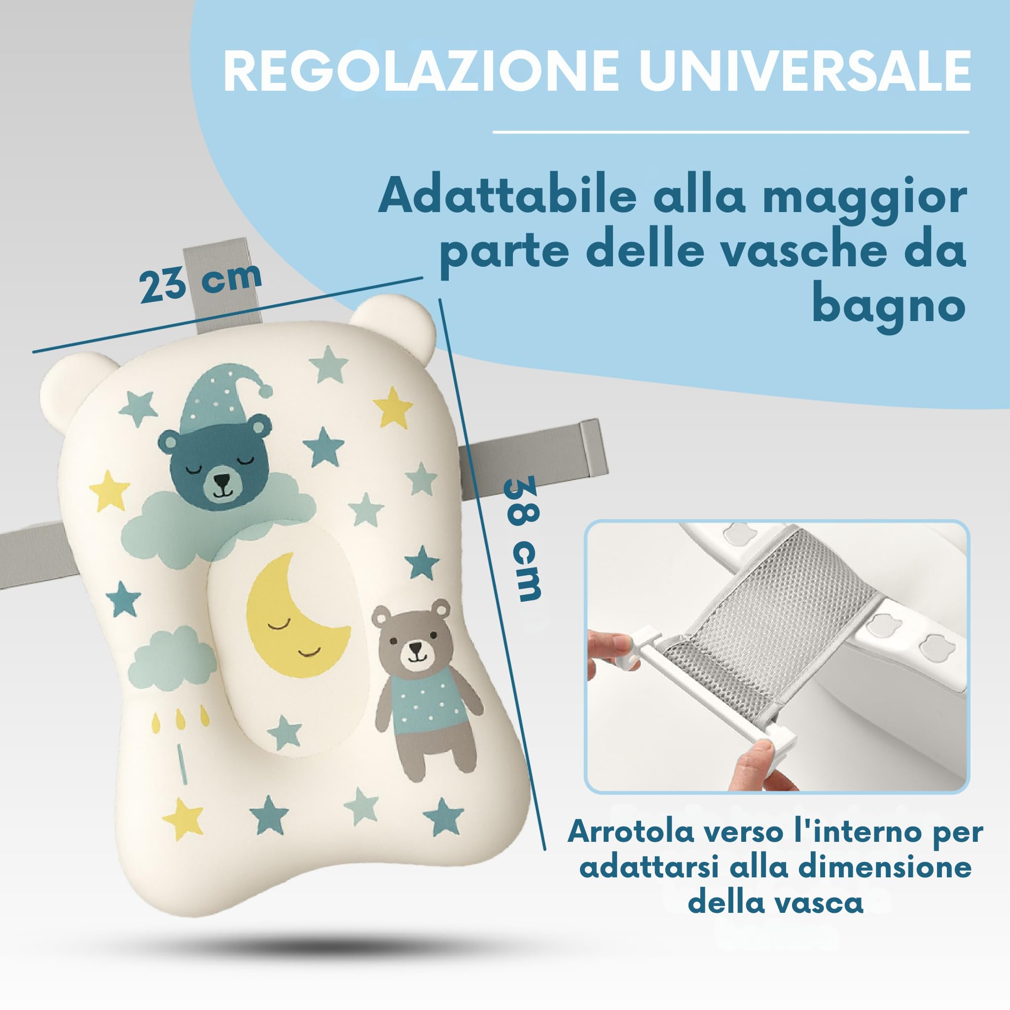 Cuscino per Vasca da Bagno Neonato con Brocca Riduttore Vaschetta Bagnetto Supporto Morbido Universale Materassino Antiscivolo per Neonati Bambino Bianco Blu