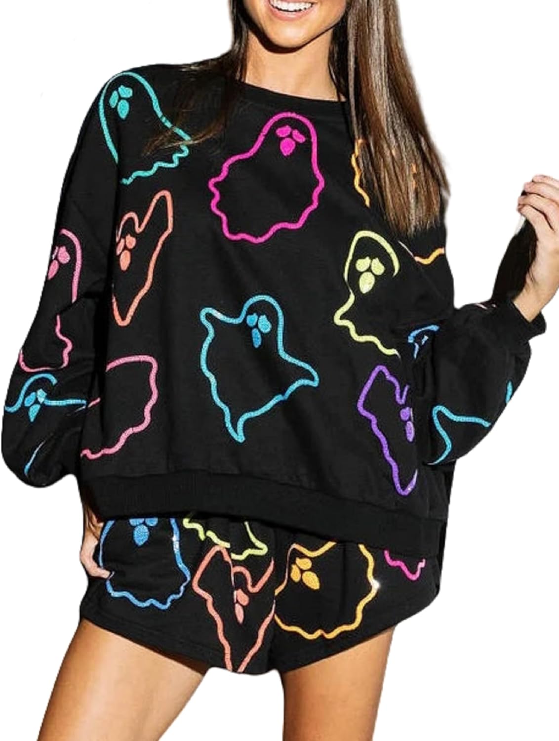 Aonoapll Women Halloween Graphic Sweatsuit Cute Spooky Ghost Pullover Sweatshirt and Casual Shorts Set Funny Tracksuit