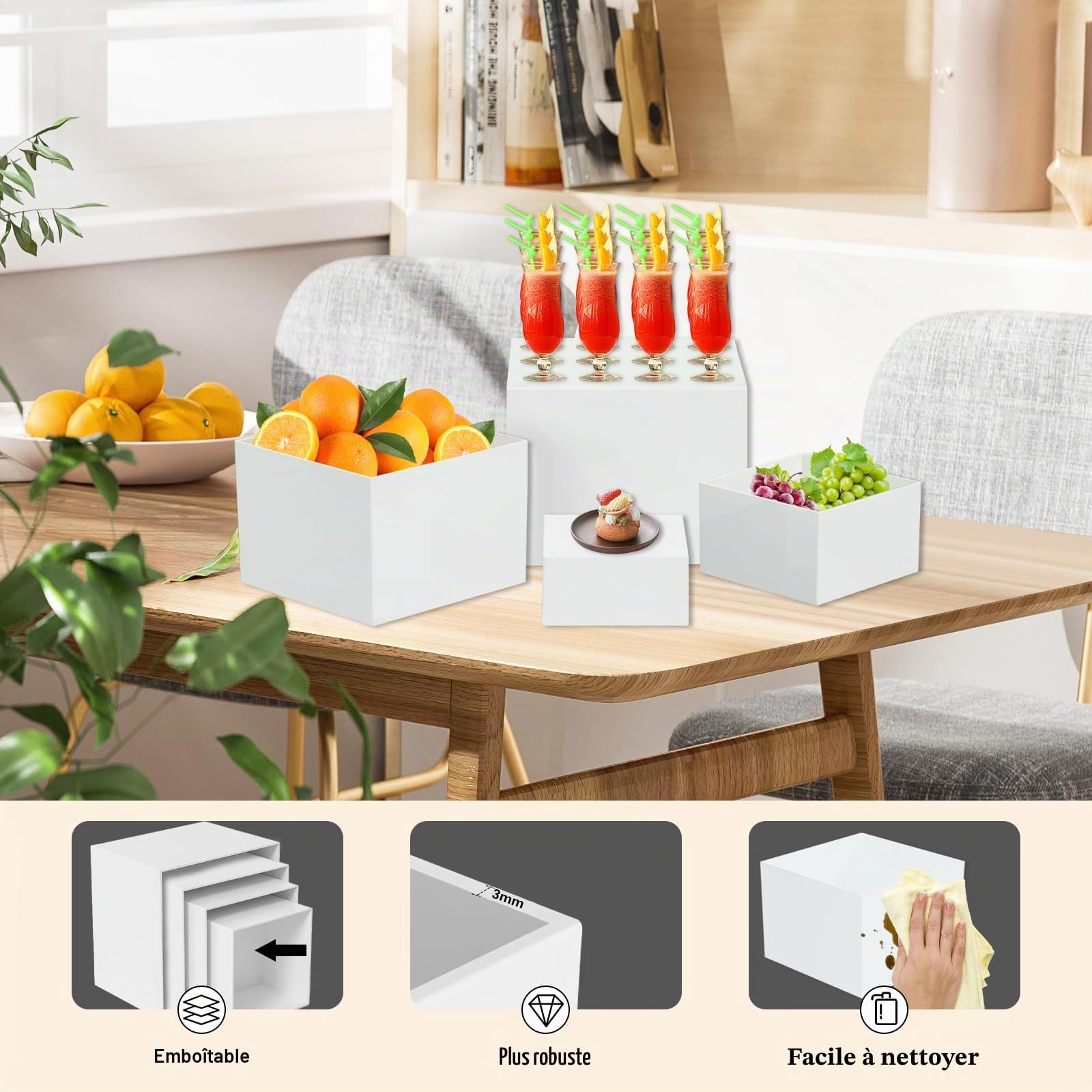 Presentoir Aperitif Buffet, Lot de 4 (20/18/15/13 cm) Présentoirs pour Gâteaux Acrylique, Supports Buffet Mariage, Desserts, Objets Collection, Bijoux, Stand Cubique Emboîtable en Différentes Tailles