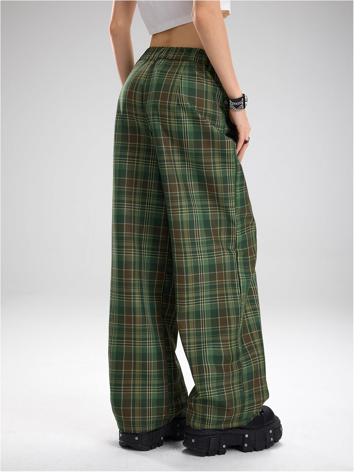 WDIRARA Women's Plaid Wide Leg Pants Casual High Waist Long Pants Trousers - Image 3