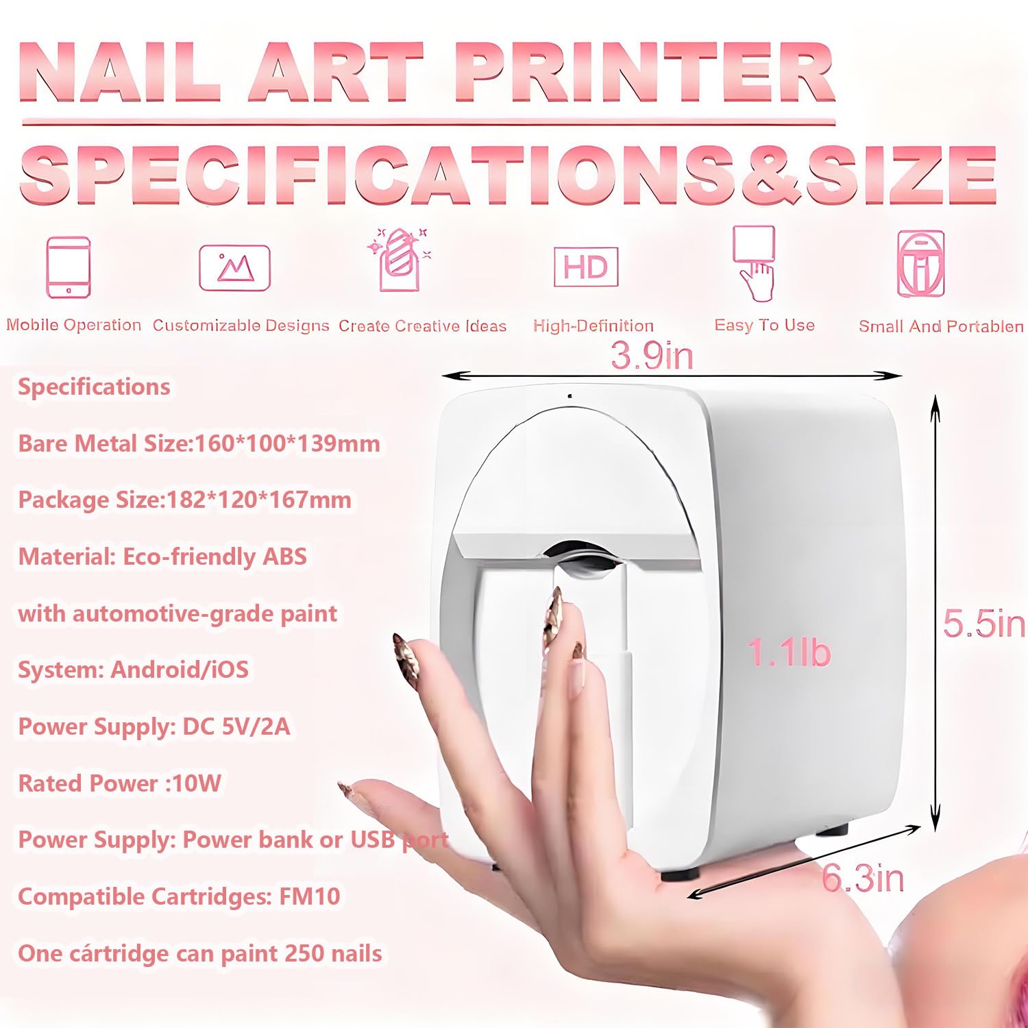 Stampante per Unghie, Stampante per Nail Art 2400 Dpi, Stampa Rapida in 20 Secondi, Design del Motivo Personalizzabile, Stampa E Asciugatura 2 in 1, per Casa White