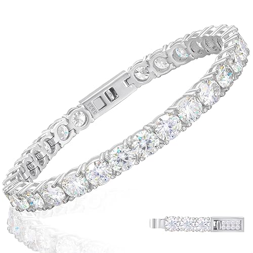 TUHE Moissanite Tennis Bracelet 5.0-21.0CT 18K Gold Plated 925 Sterling Silver Bracelets 3/4/5MM D Color VVS1 Round Cut Lab Created Moissanite Bracelet for Women Men 6-8.5 Inch Jewelry Christmas Gifts - 18K White Gold【4MM Medium】 - 6inch