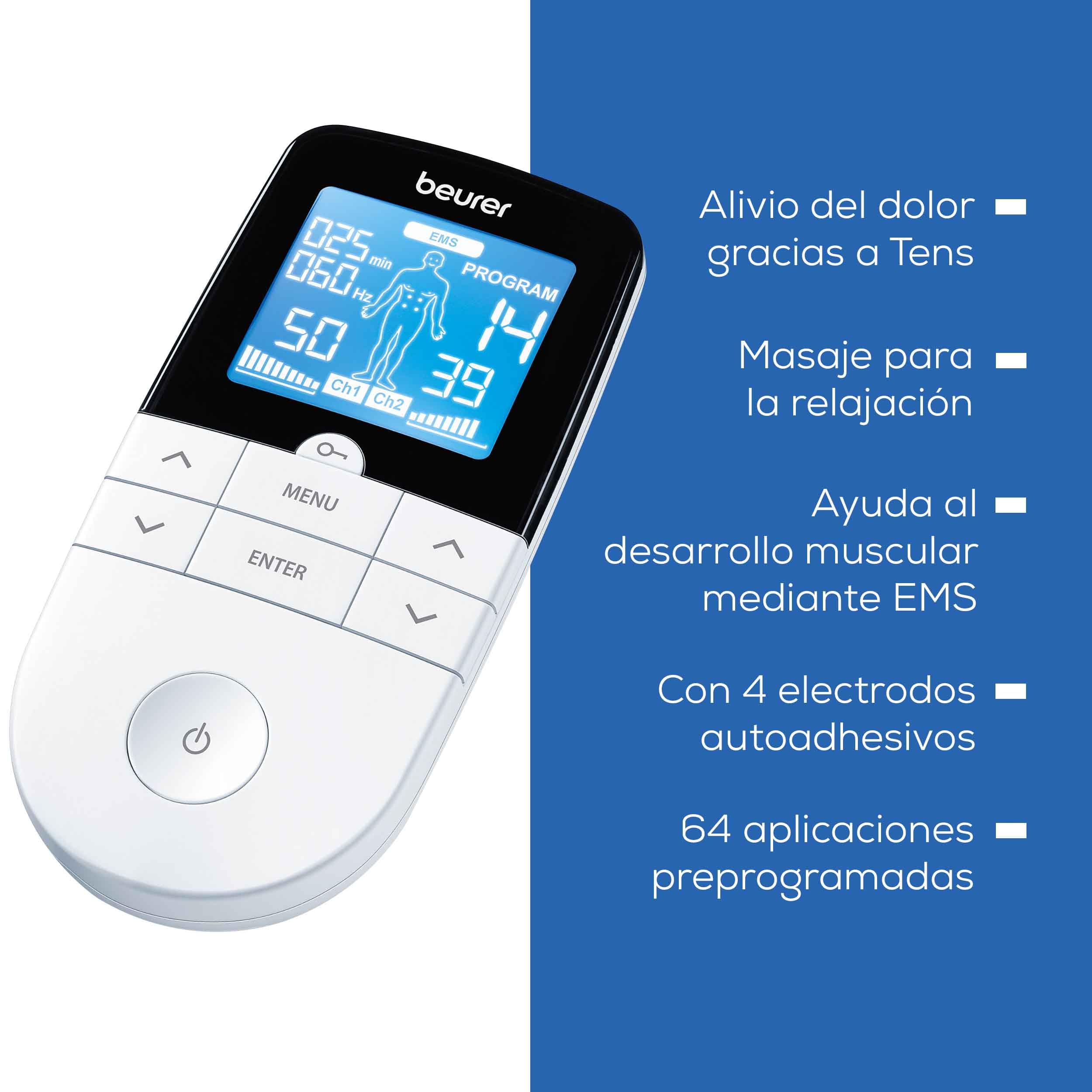Beurer EM 49 TENS/EMS Digital 3 en 1 Estimulador Muscular para Alivio del Dolor y Entrenamiento, Masaje, 4 Electrodos, Blanco